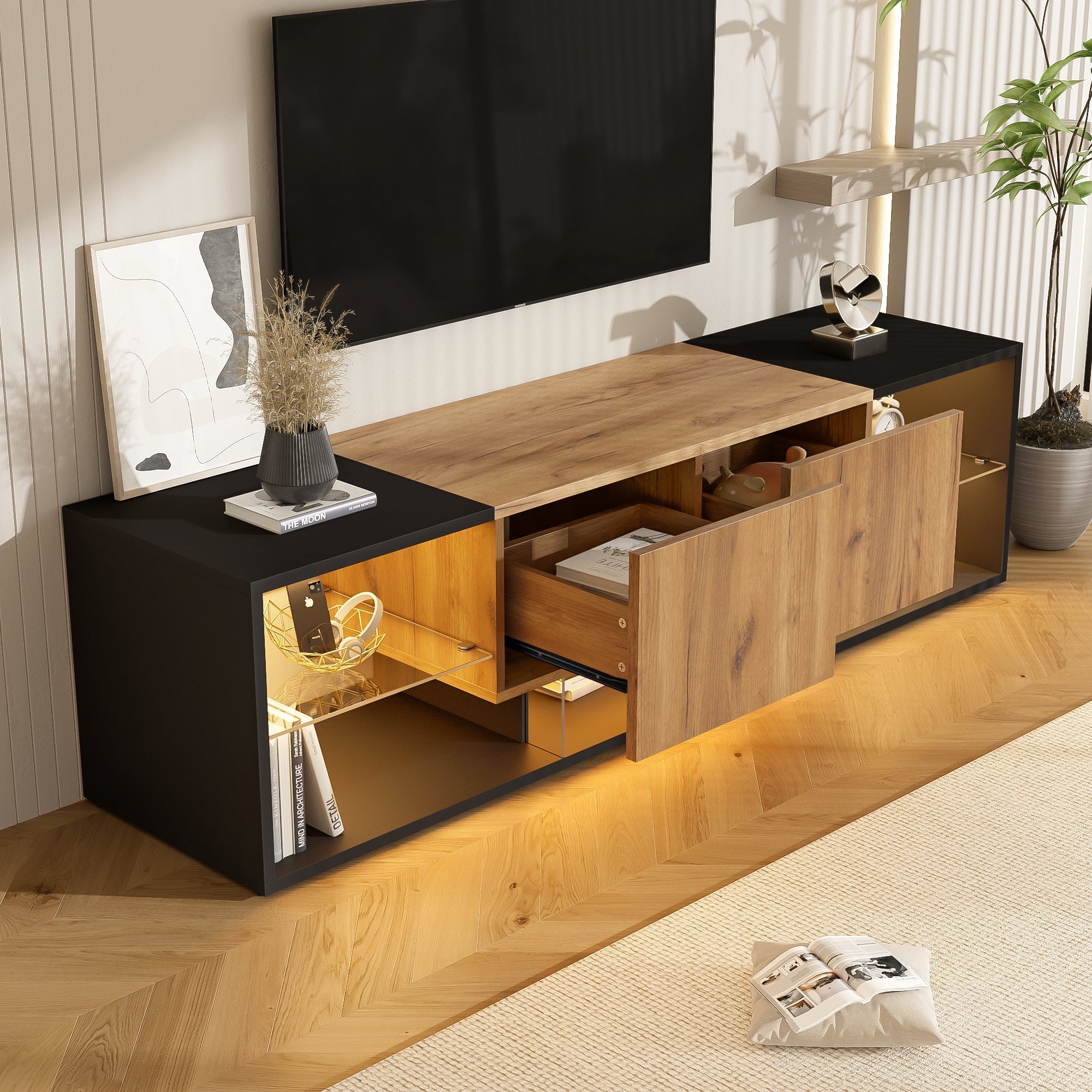 TV Console Cabinet, 3-Tier with Glass Shelf and 2 Drawers, Black
