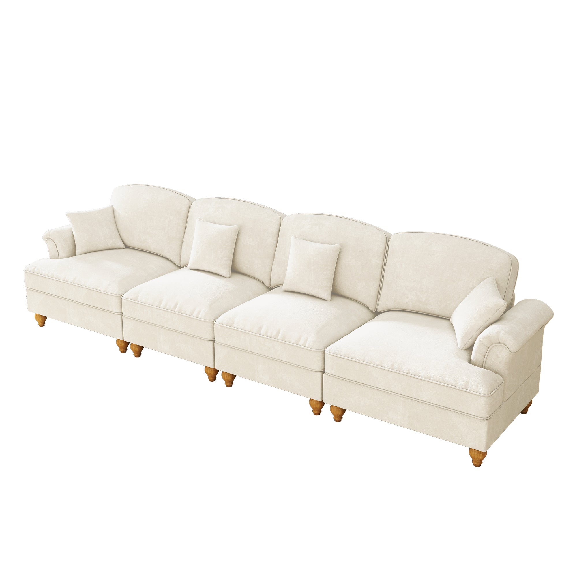 Elegant 4-Seater Sofa Mid-Century Ruffled Apron Spindle Legs - White Chenille