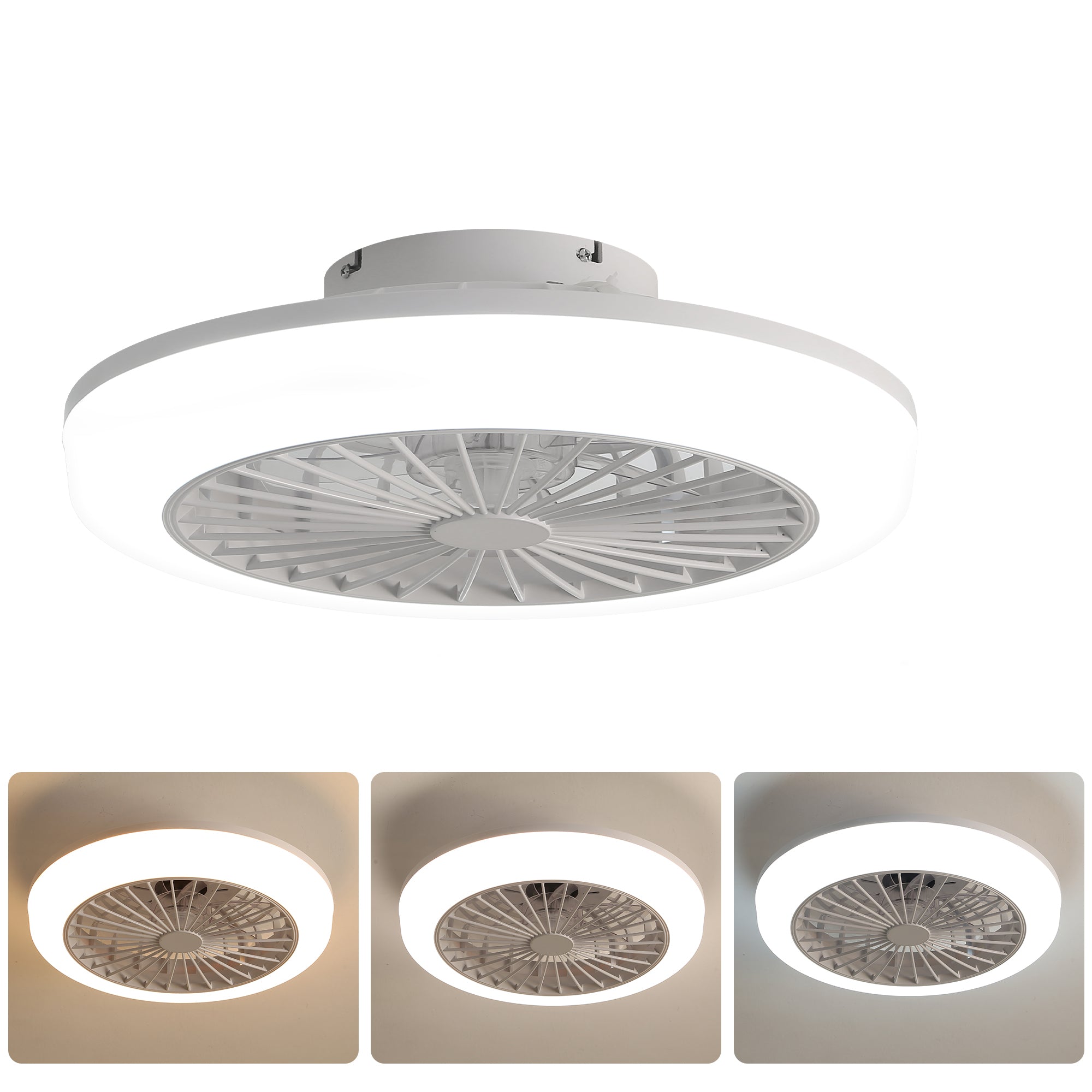 18-inch Enclosed Bladeless Ceiling Fan, Light, Remote Control, Flush Mount, Low-Profile, White