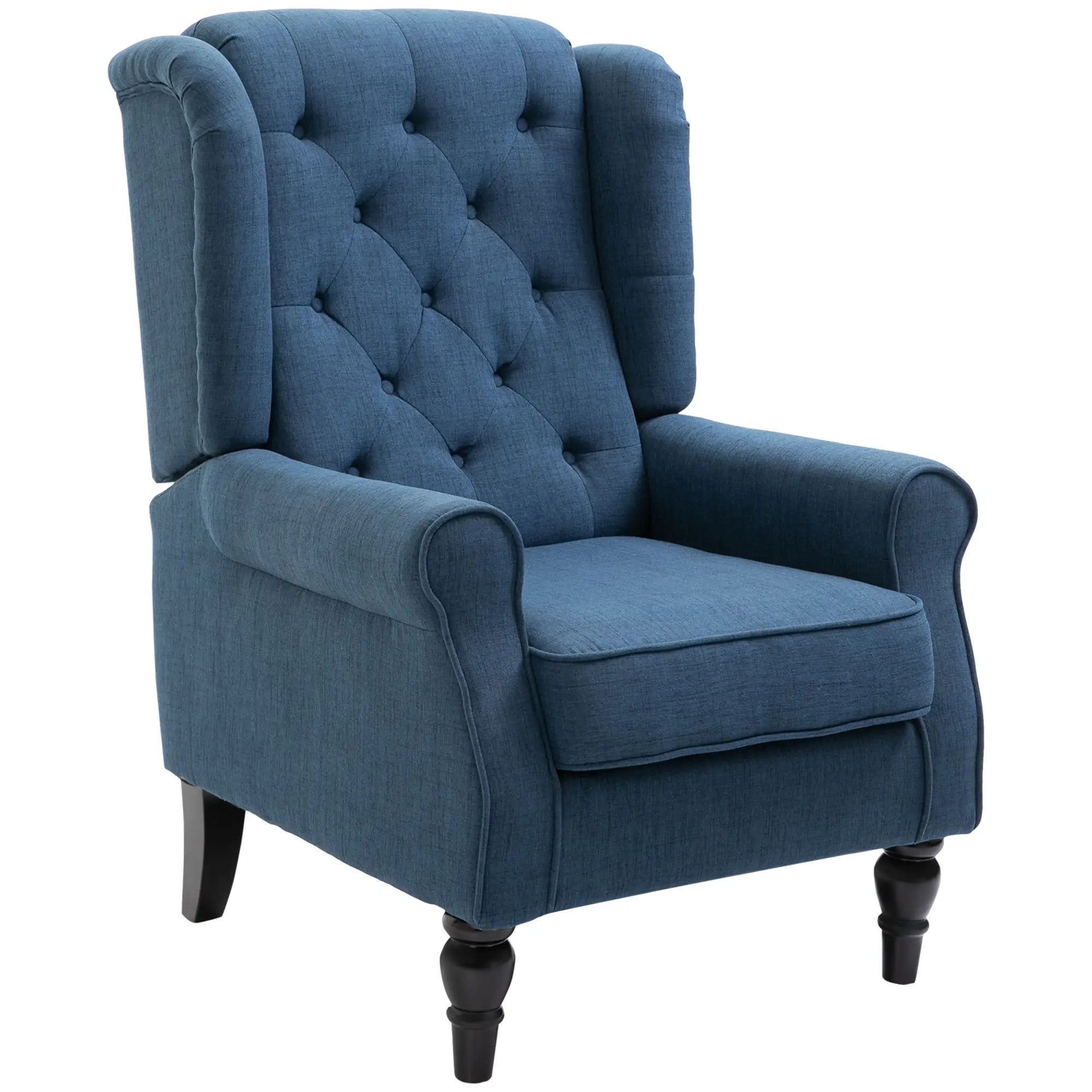 Tufted Wingback Chair High Backrest Rounded Armrests Wooden Legs Blue