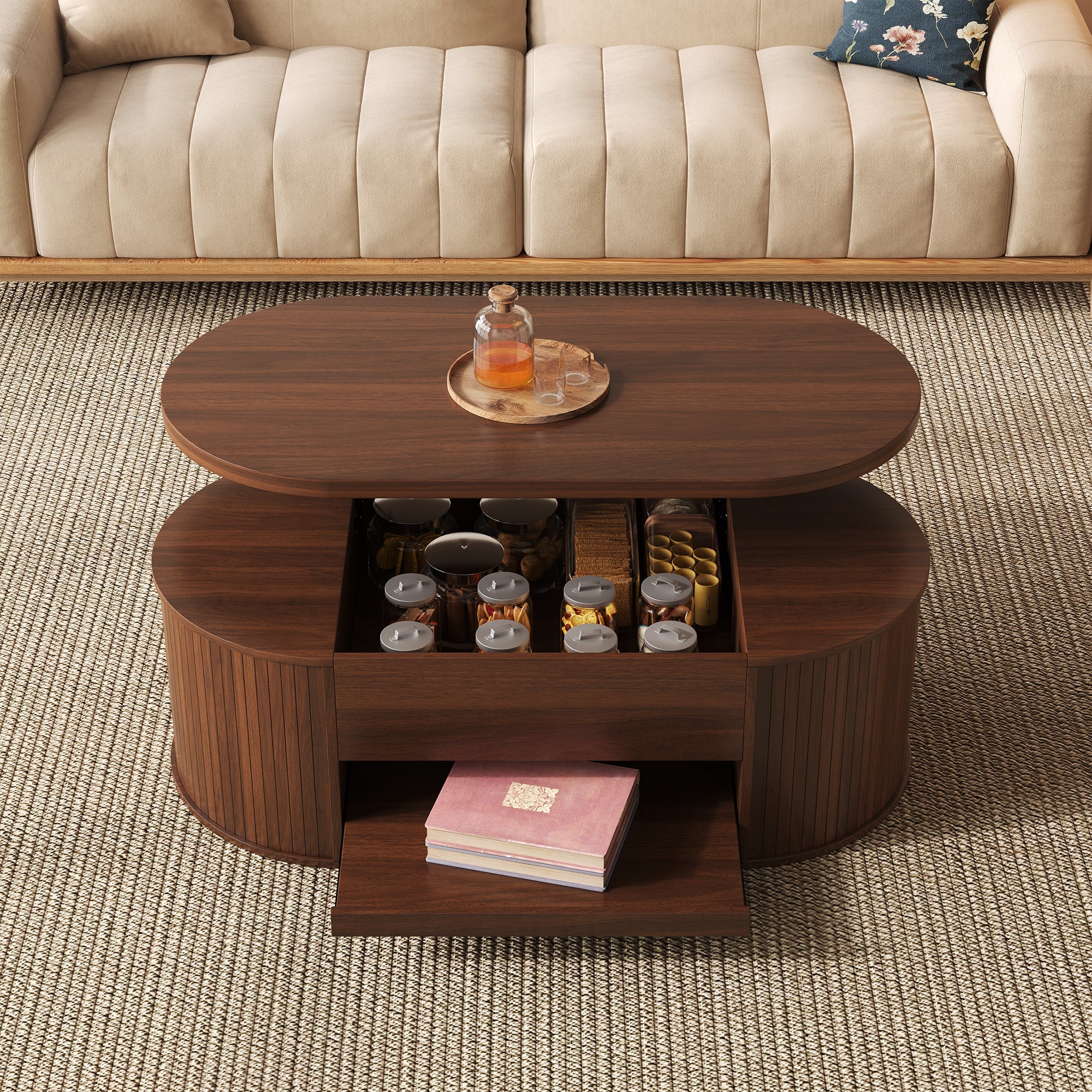 Liftable Coffee Table, Curved Sides Pull-Out Shelf Multifunctional, Wooden