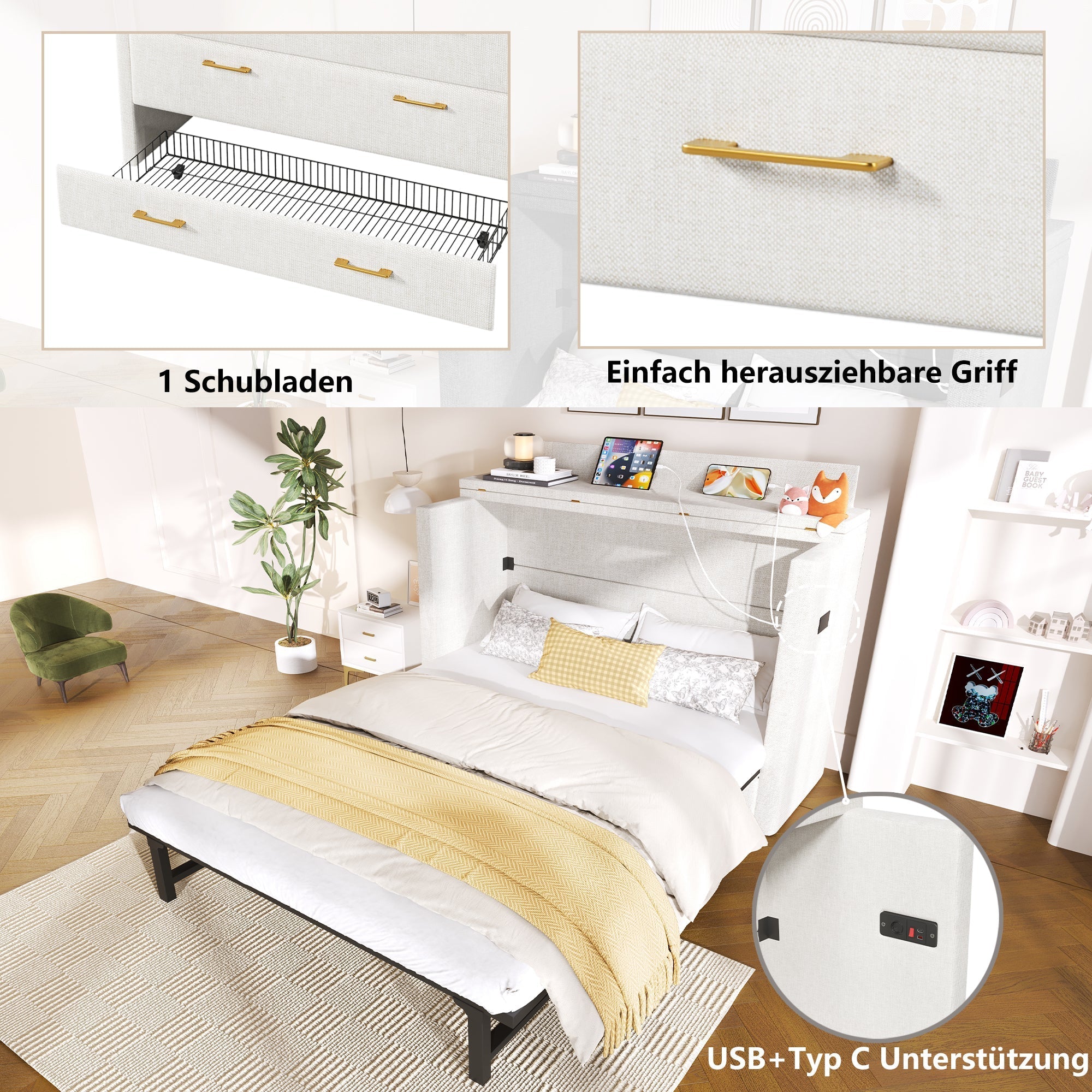 Wall Bed with Storage Drawer, USB Ports and Convertible Platform, Beige Linen