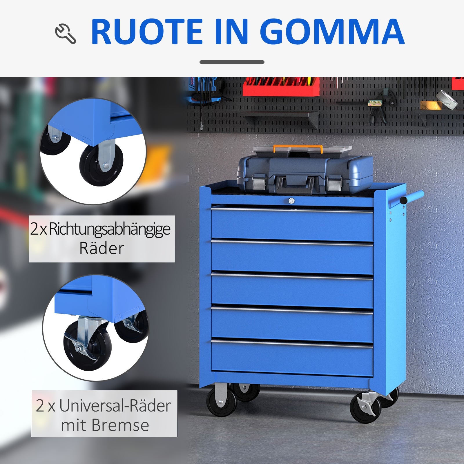 Workshop trolley 5 drawers, mobile tool trolley, red