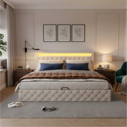 Upholstered Bed 140 x 190 cm with Hydraulic Storage and LED Lighting, White PU