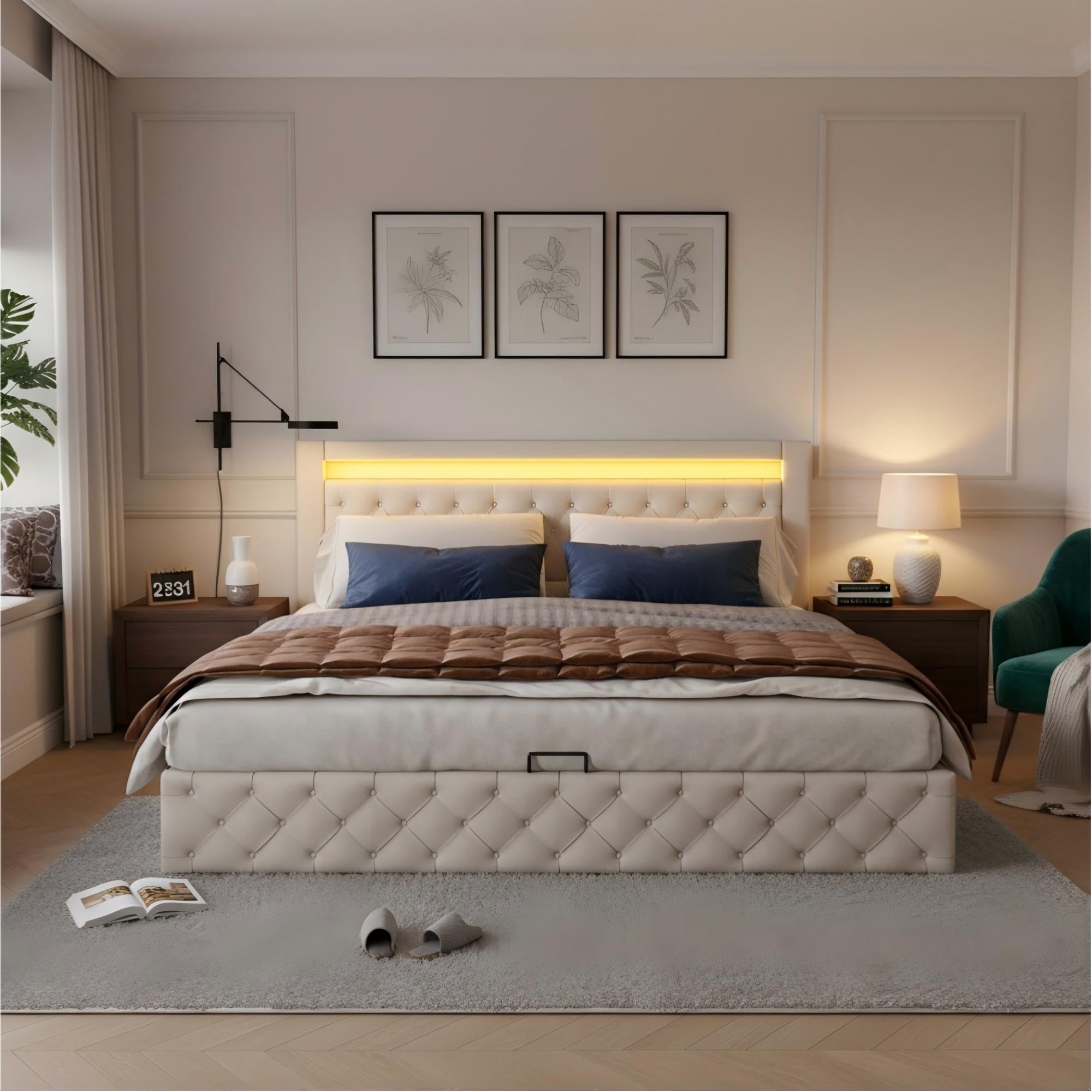 Upholstered Bed 140 x 190 cm with Hydraulic Storage and LED Lighting, White PU