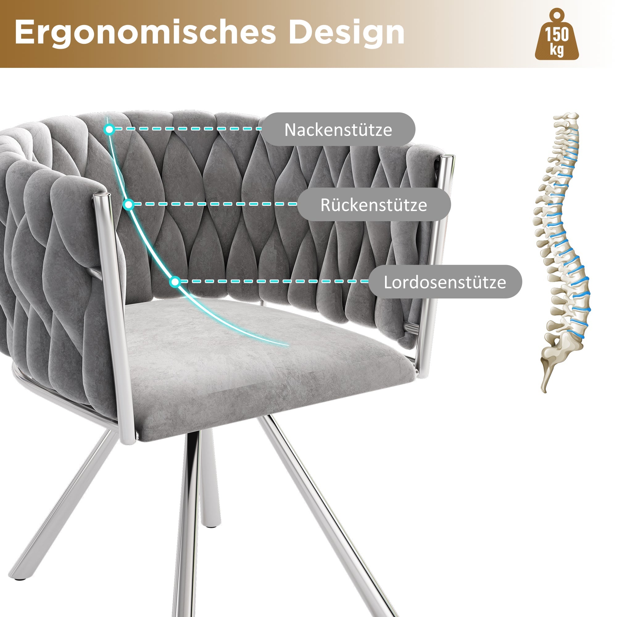 Velvet Dining Chair Set of 2 Swivel Metal Legs - Grey/Silver