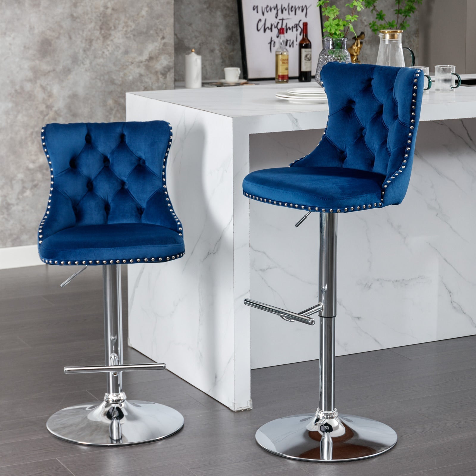 Swivel Velvet Barstools Adjustable Height Tufted Chrome Base Set of 2 - Blue