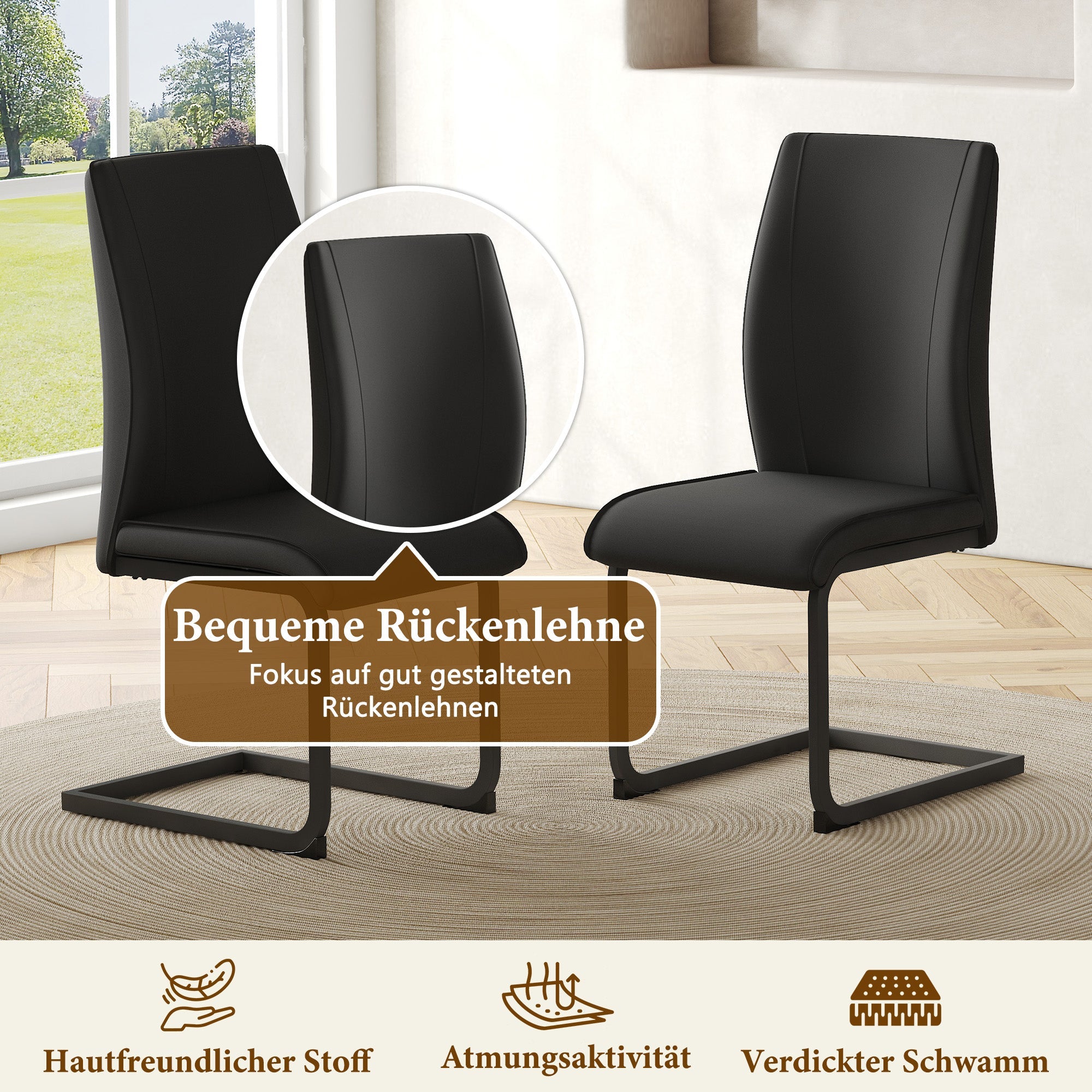 2-Piece Dining Chair Set Ergonomic Metal Legs - Black PU