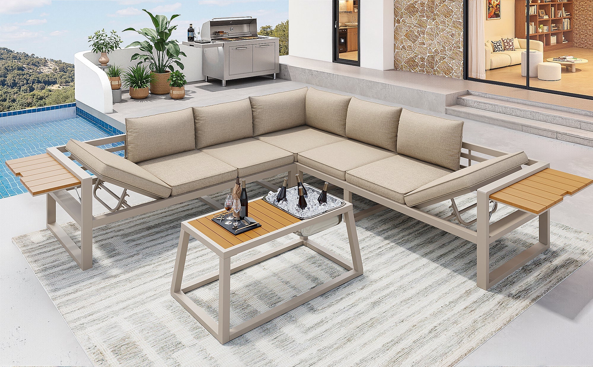Modular Outdoor Sofa Set with Adjustable Backrest, Fold-out Armrests and Metal Ice Bucket, Grey/Beige