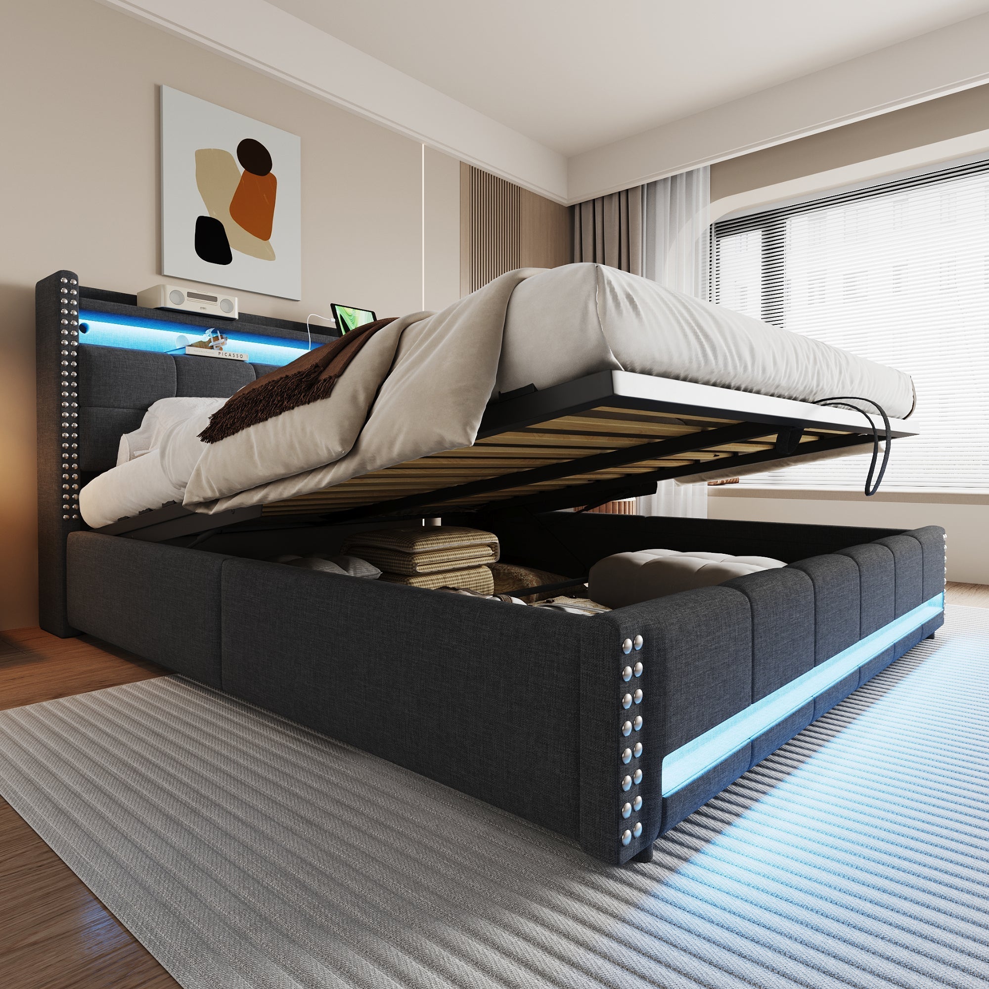 Upholstered Modular Bed with LED Headboard, USB Port and Hydraulic Storage, Gray Linen Fabric