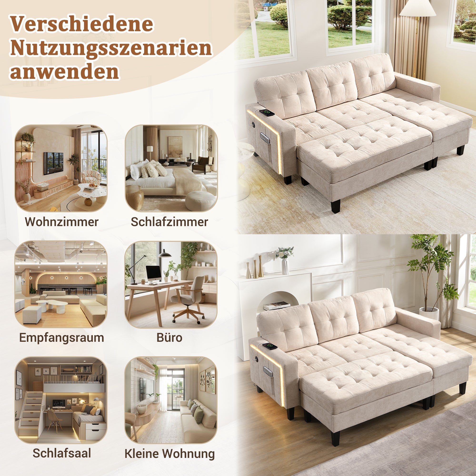 Sofa Set, L-Shaped Modular with Movable Footstool & LED Lighting