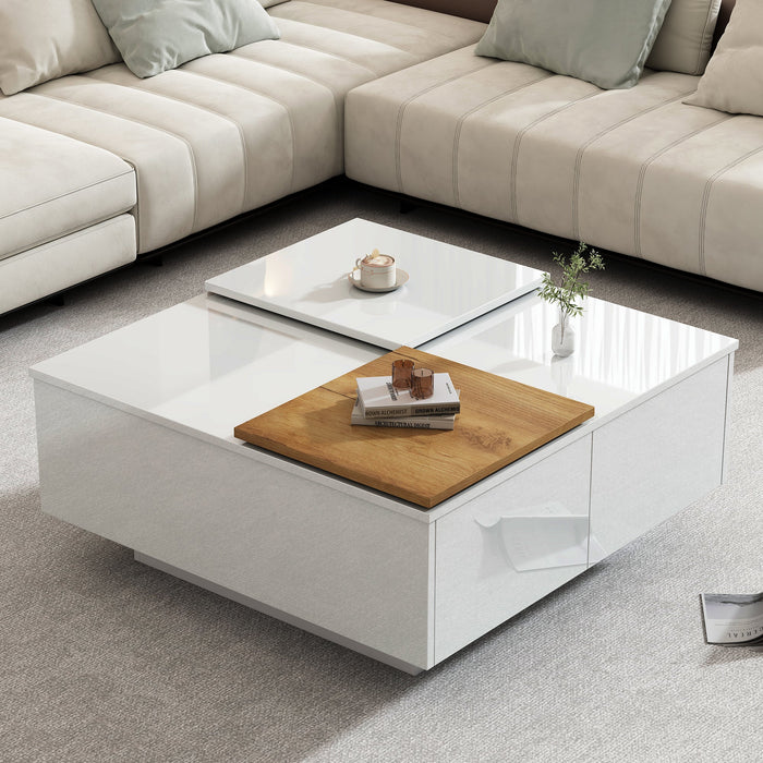 Coffee Table, Square with Storage & Sliding Tabletop, High-Gloss White Wood