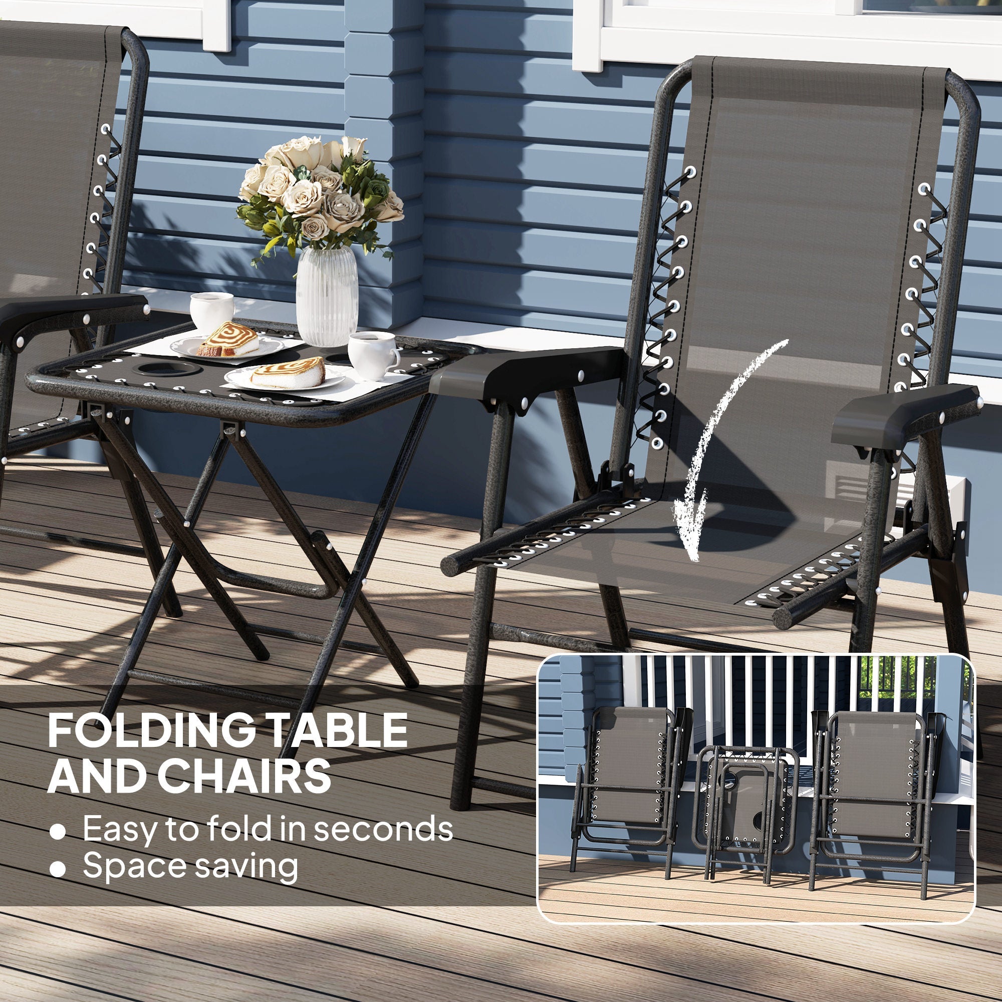 Three-Piece Garden Table and Chair Set, Folding Bistro Black