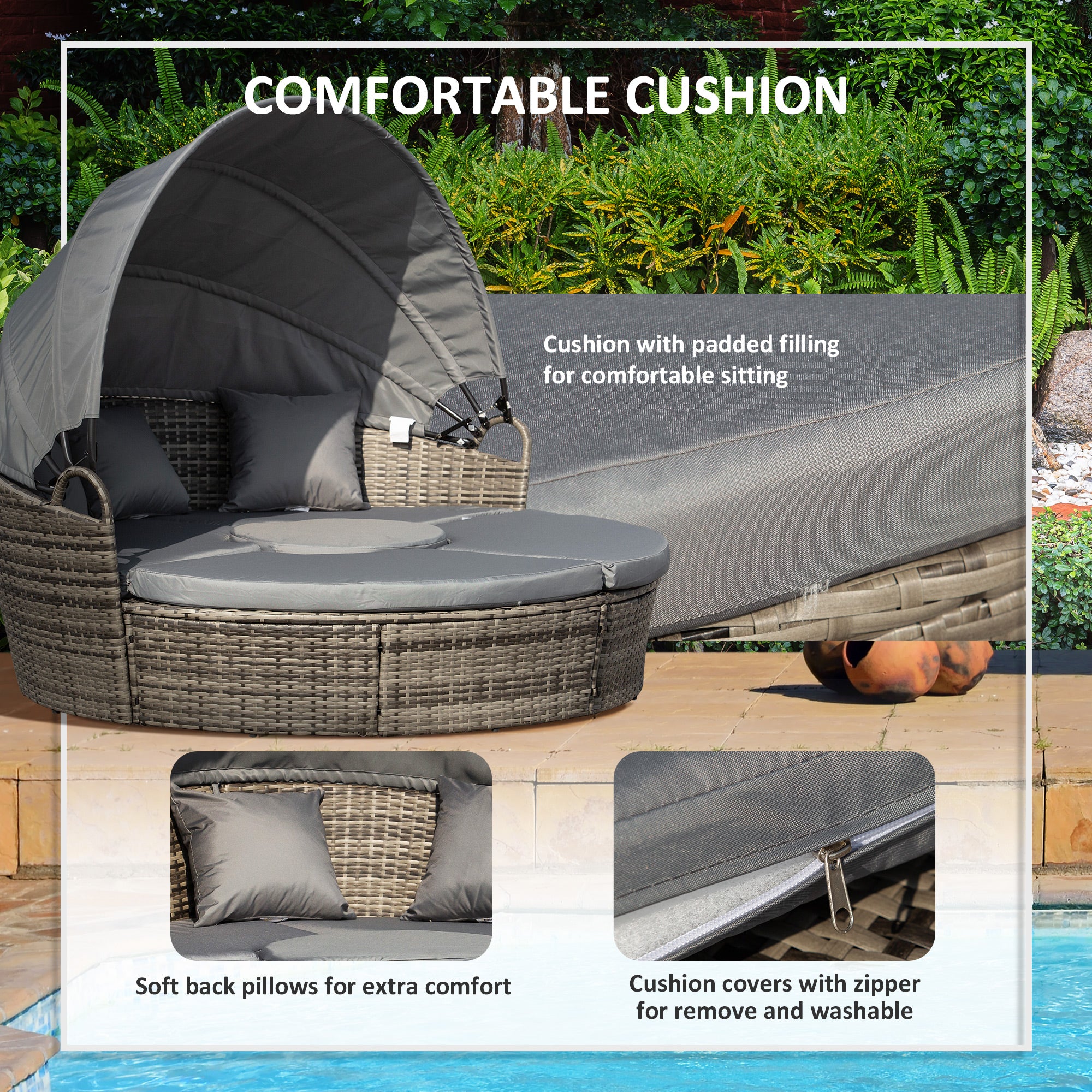 Outdoor PE Rattan Garden Furniture Set with Round Daybed, Retractable Canopy, Cushions, Dark Grey Rattan