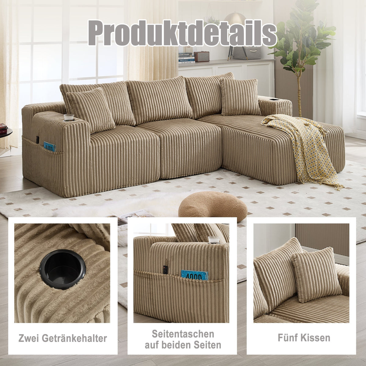 Modular Sofa Set Chaise & 2-Seater, 5 Cushions, Drink Holders, Corduroy Fabric