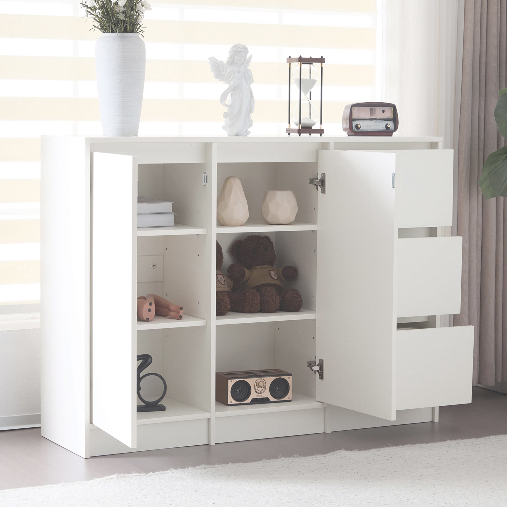 Modern Sideboard Chest of Drawers Shoe Cabinet with Storage, Two Doors, Three Drawers, Adjustable Shelf, White