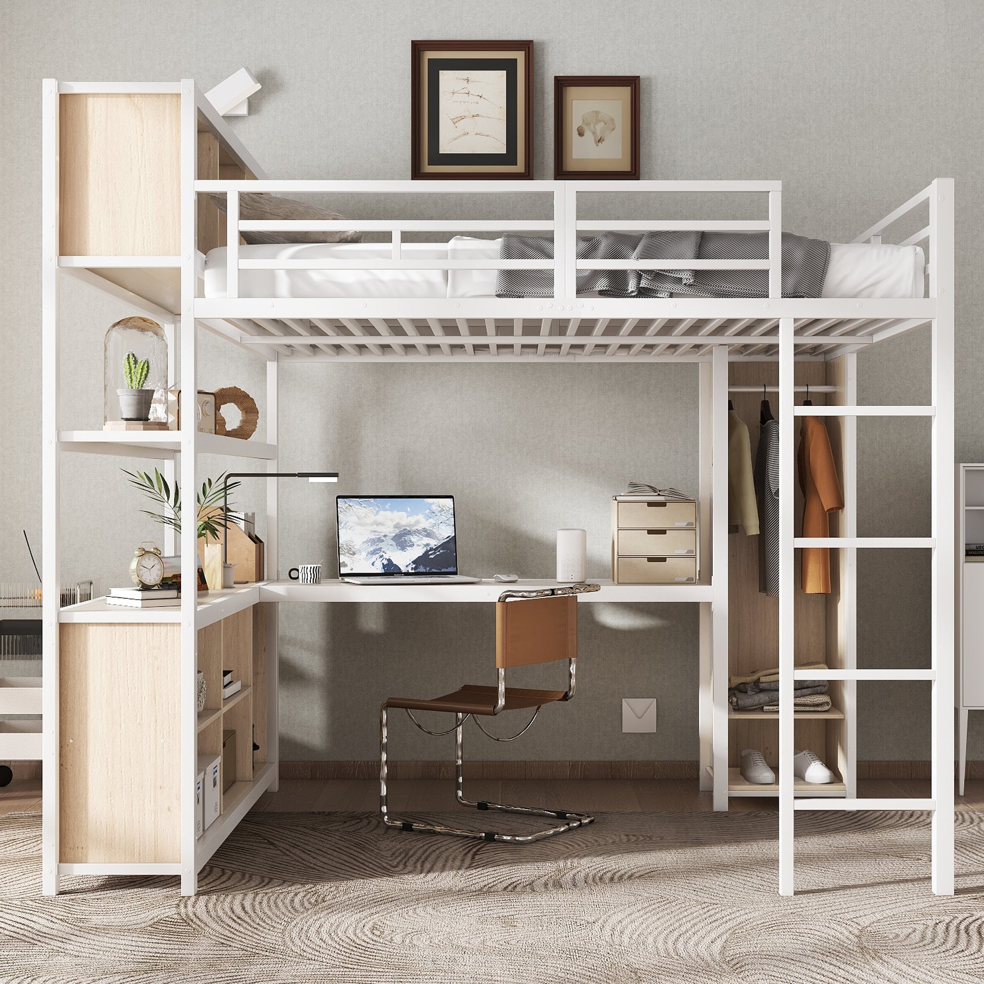 Iron Loft Bed, Double Storage, Wardrobe, White & Natural Iron