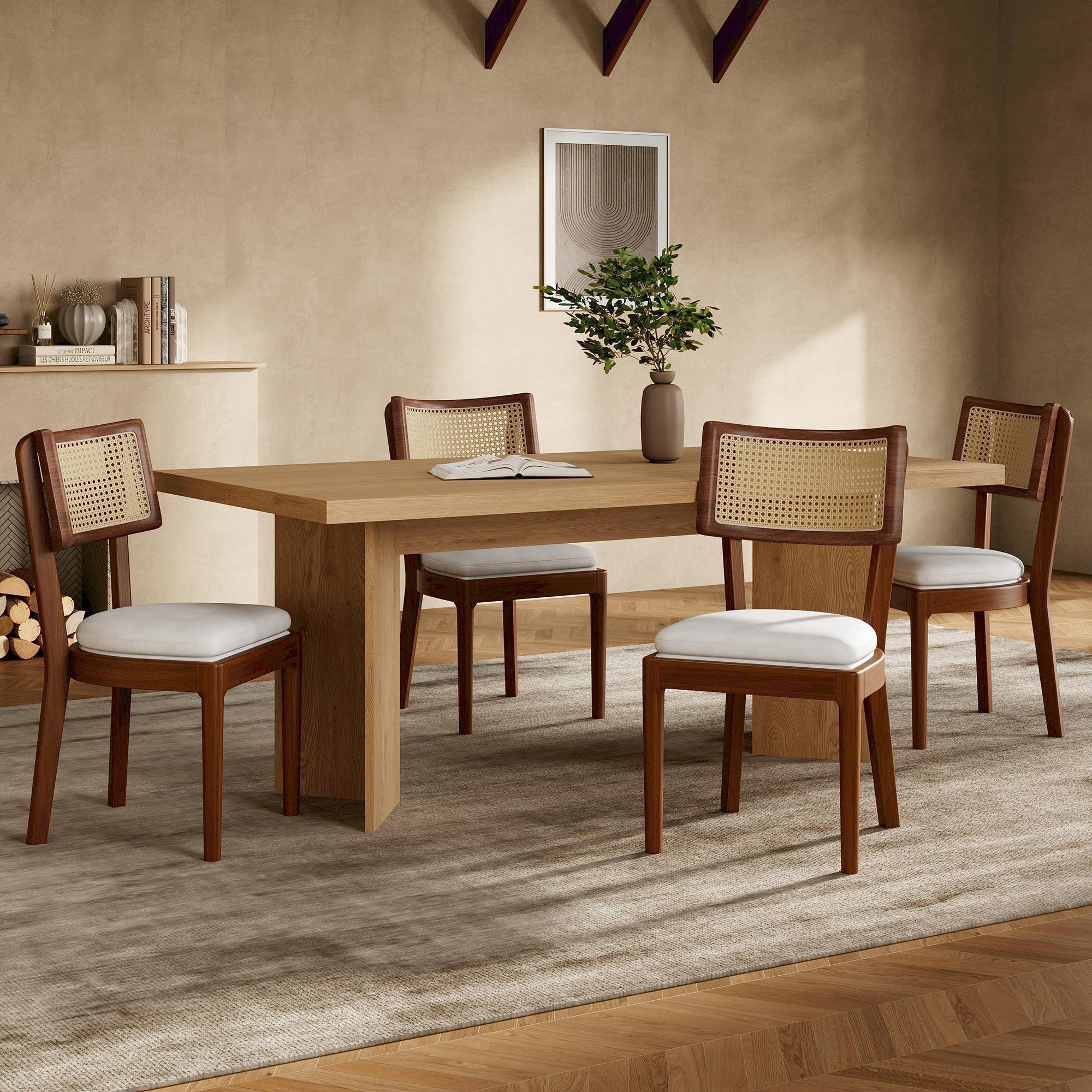 6 Solid Wood Dining Chairs Rattan Backrests Linen - Walnut