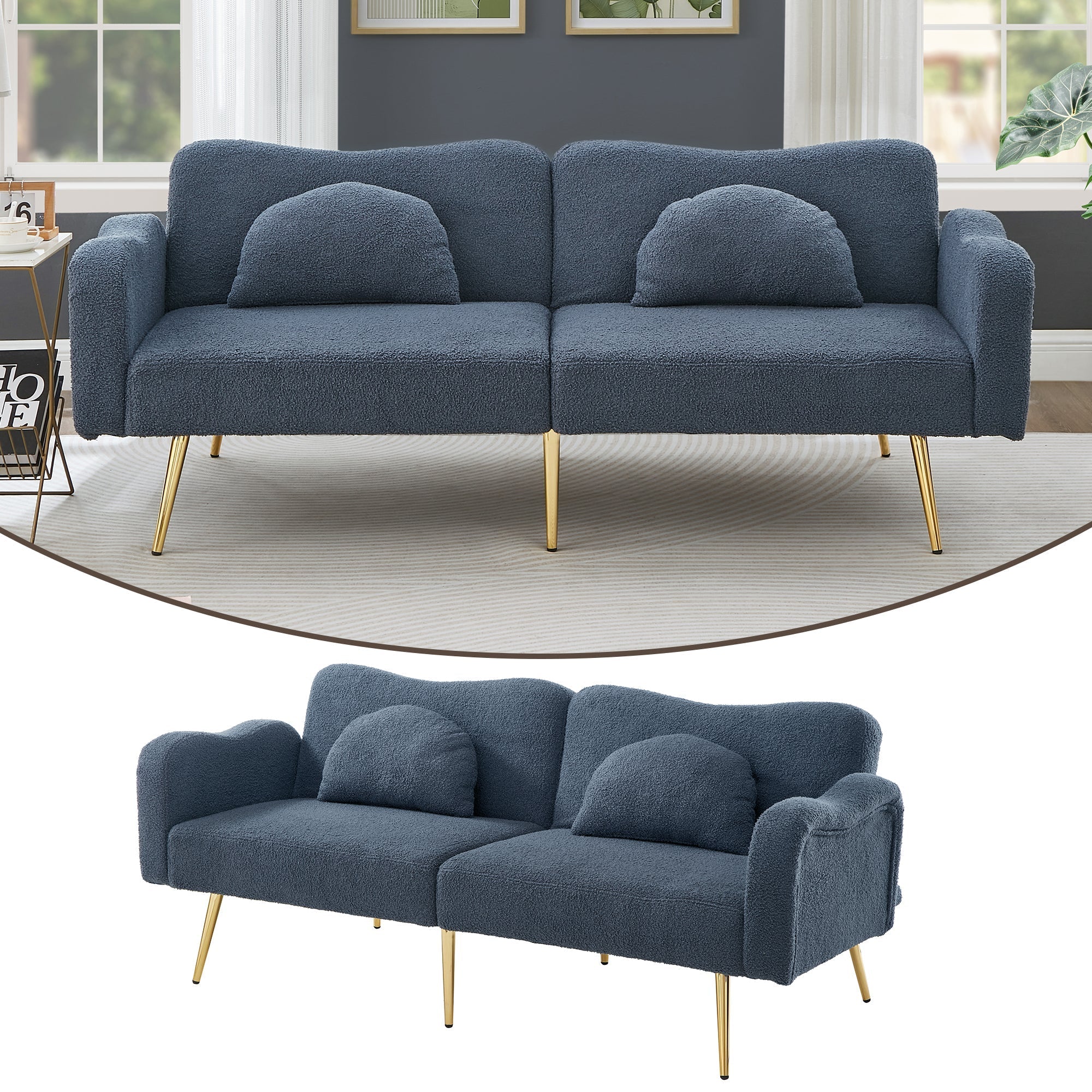 Sofa Bed, 2-Seater with Adjustable Backrest, Gold-Plated Metal Feet