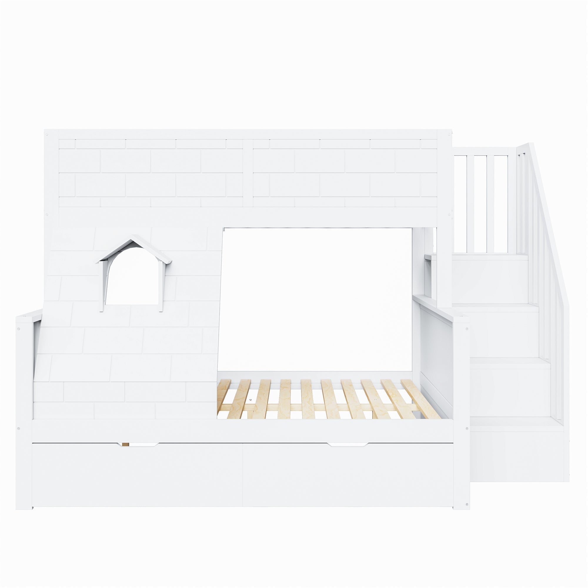 Bunk Bed with Safety Ladder, Drawers and Window, 90x200cm and 140x200cm, Solid Wood
