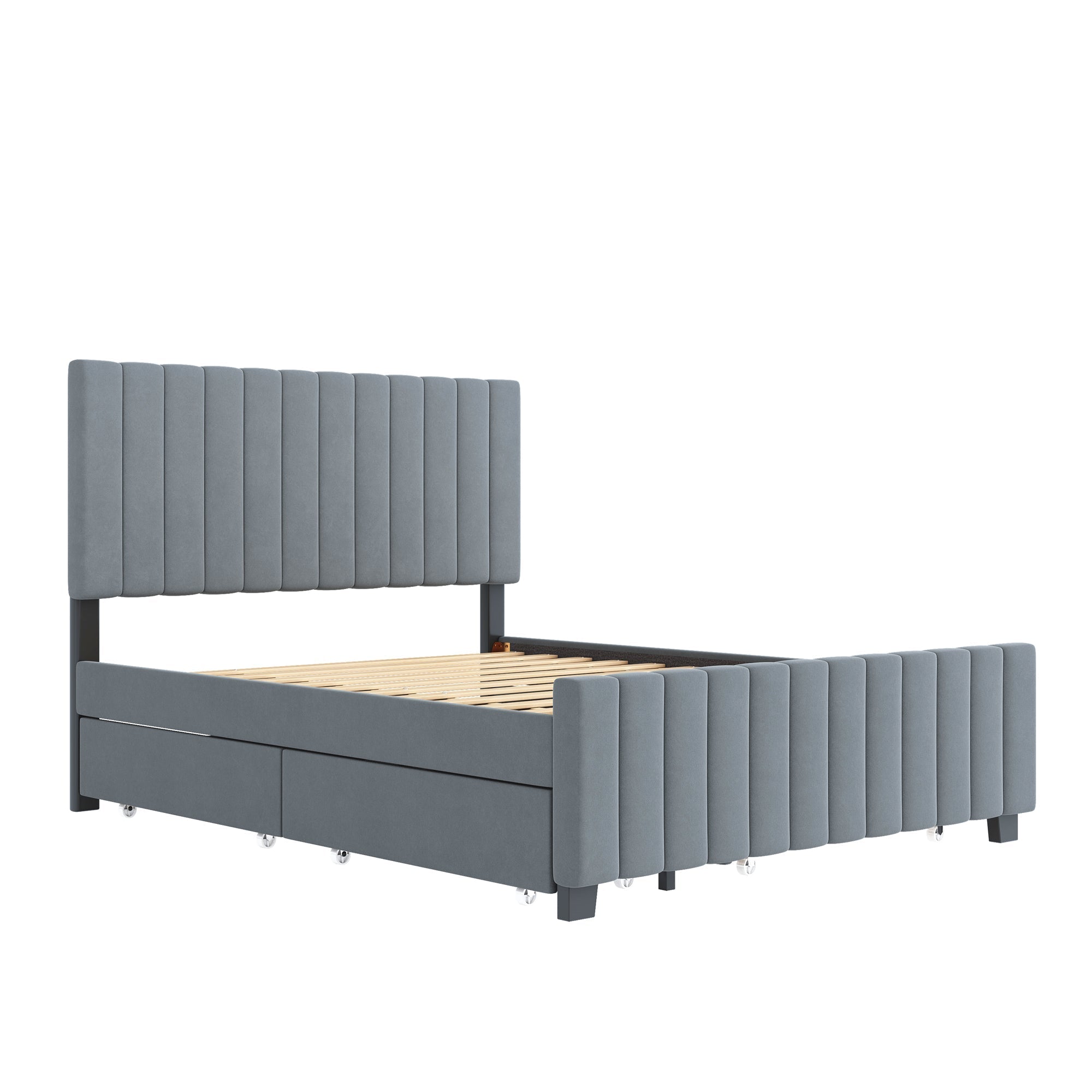 Upholstered Bed 140x190cm, Pull-Out & 2 Drawers, Velvet, Grey