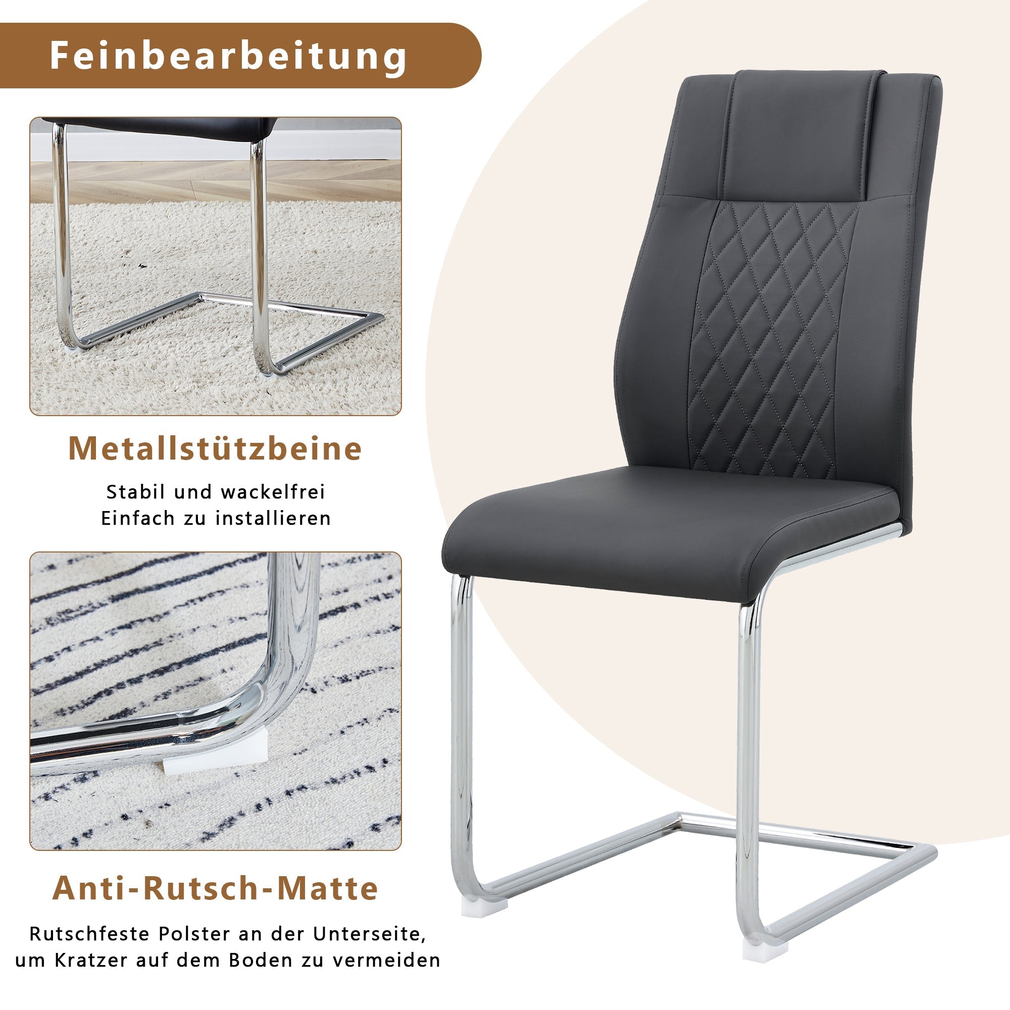 Dining Chair Set of 4 Nordic Style Mesh Stitching Silver Metal Legs Black PU