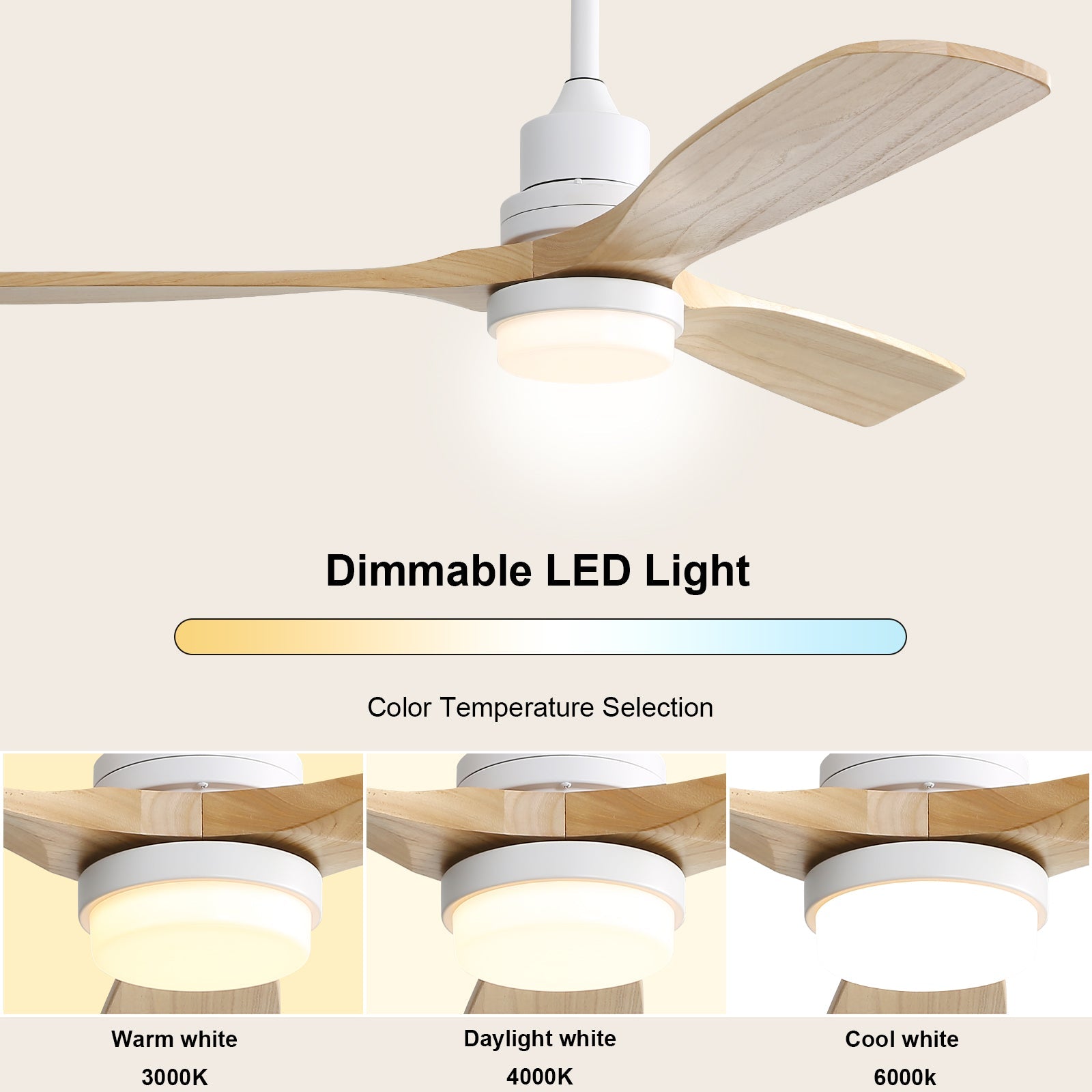 52-inch Ceiling Fan, Dimmable LED Light, 6 Speed, Reversible DC Motor, Wooden Blades