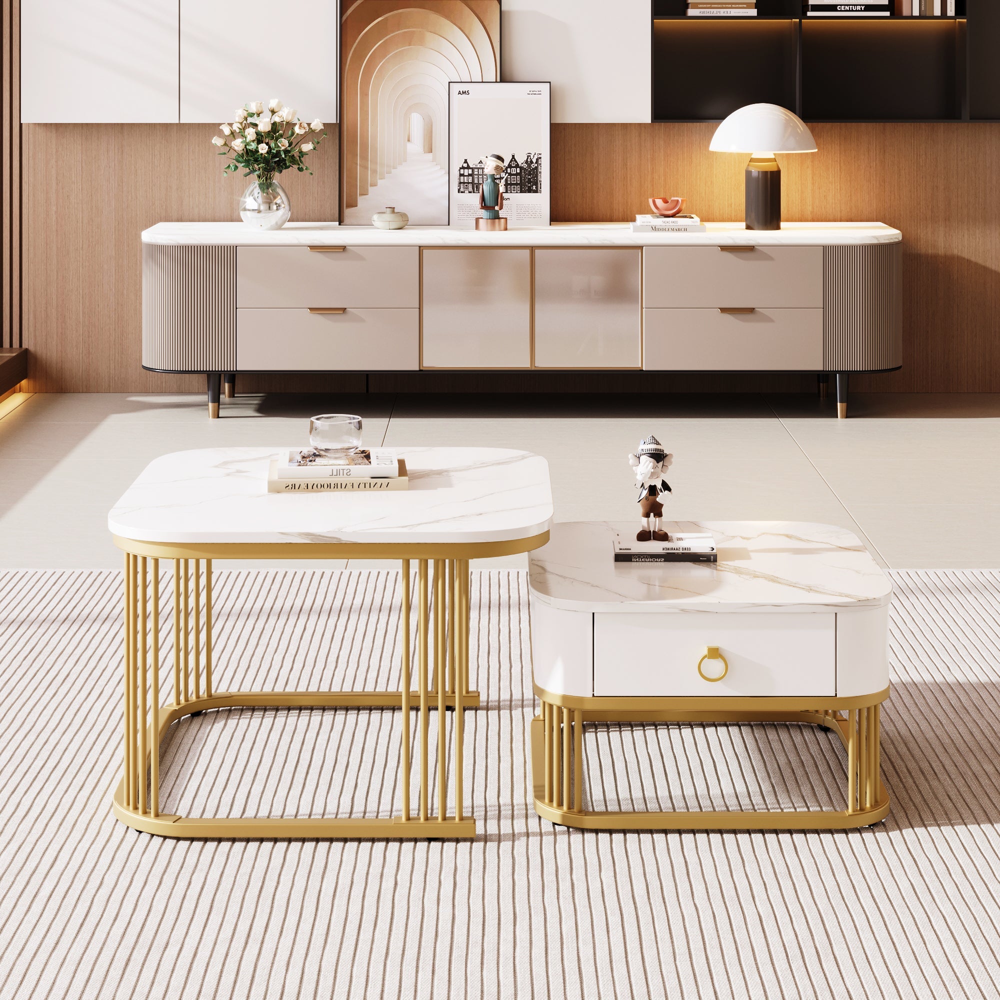 Stackable Coffee Table: Marble Look, Gold Accents, Two-Piece Set