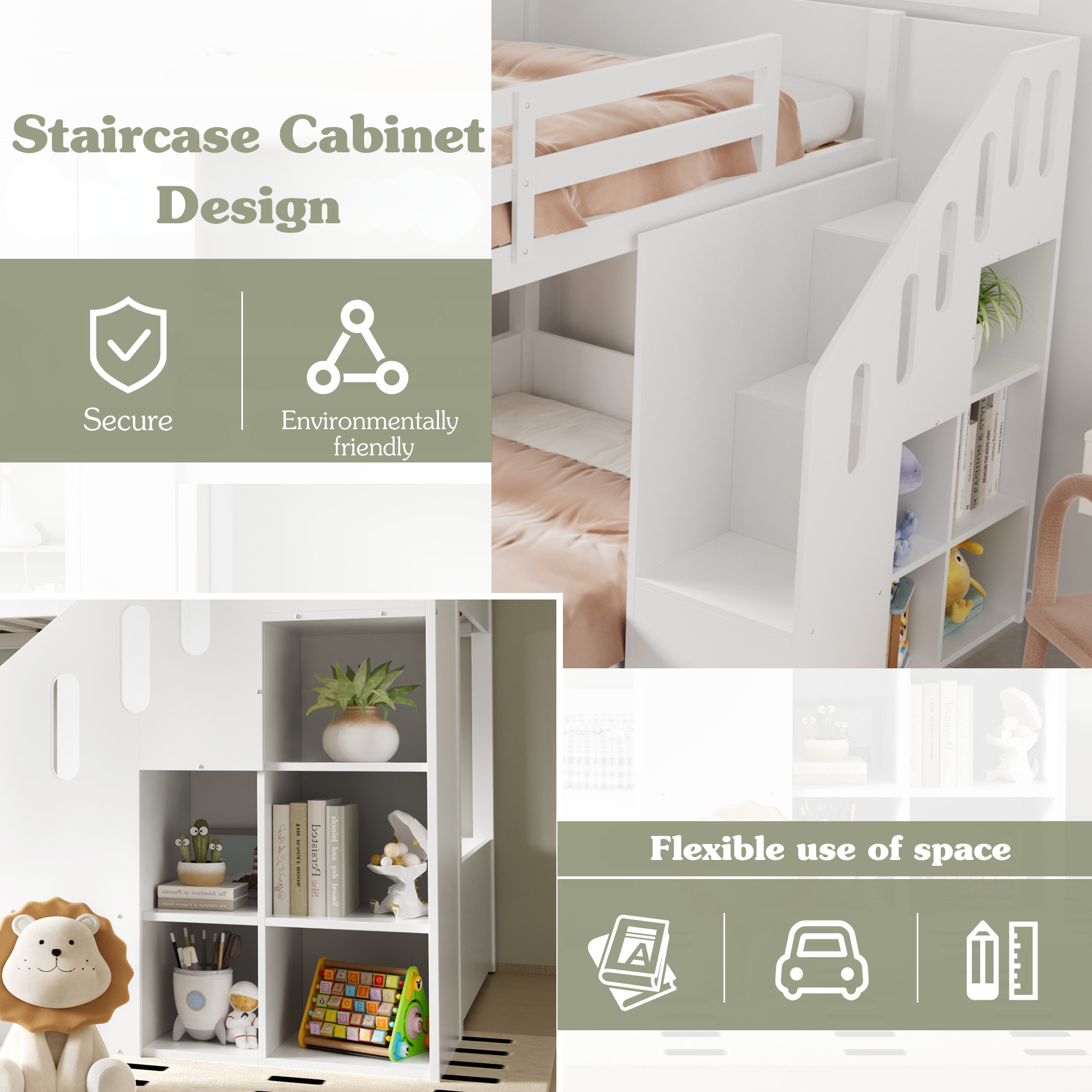 Children's Bunk Bed, Multifunctional with Stairs & Storage, 2 Single Beds (3ft), White