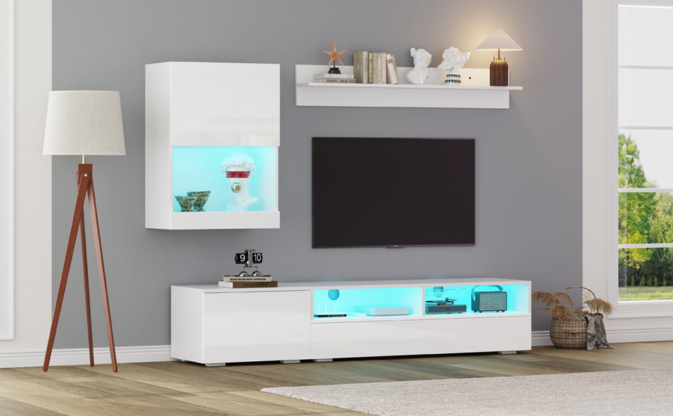 TV Wall Unit Set with Display Cabinet, 3-Piece Media Unit, LED High Gloss, White