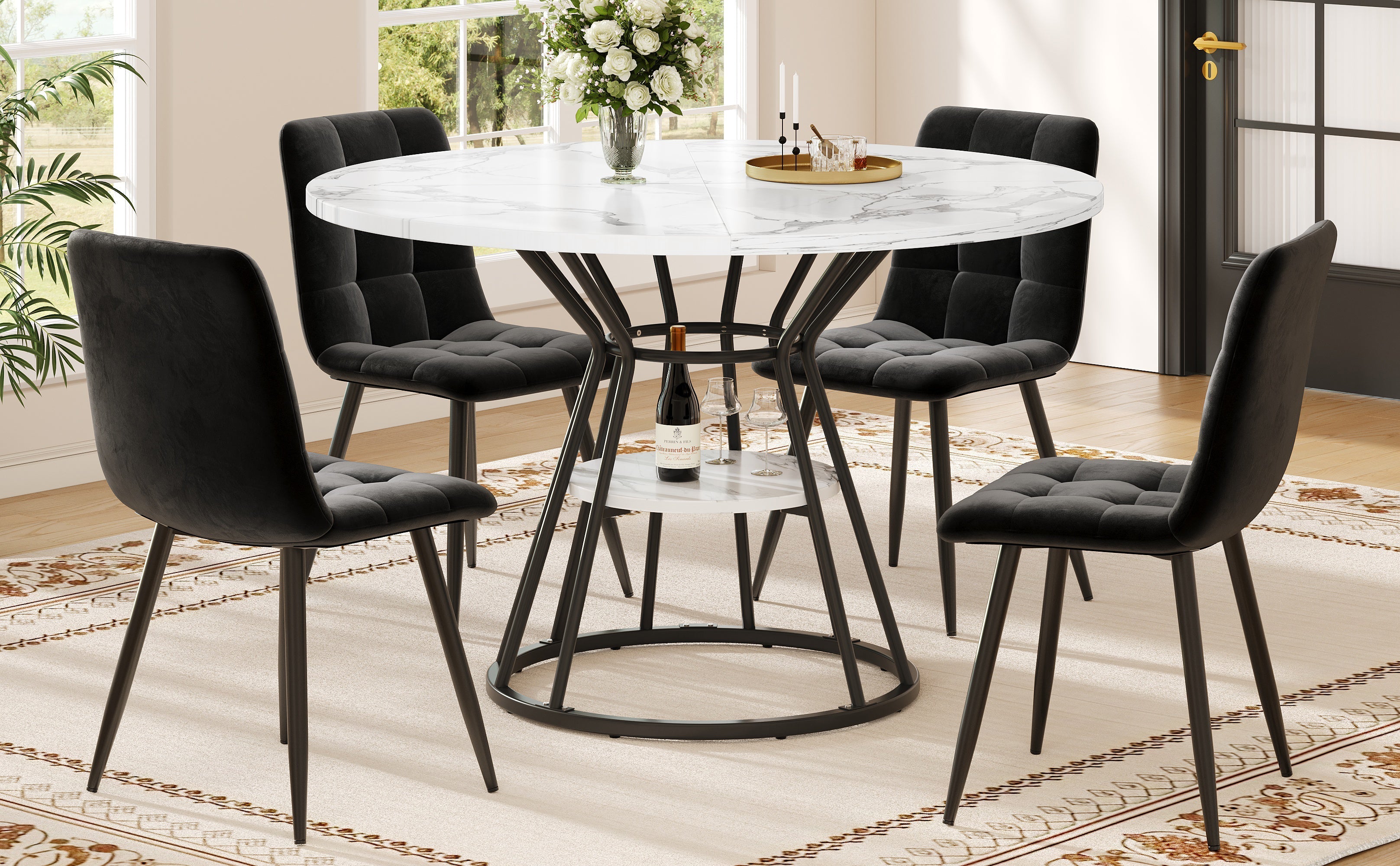 Round Dining Table with Metal Legs and Storage Shelf, Marble Pattern Gold and Black