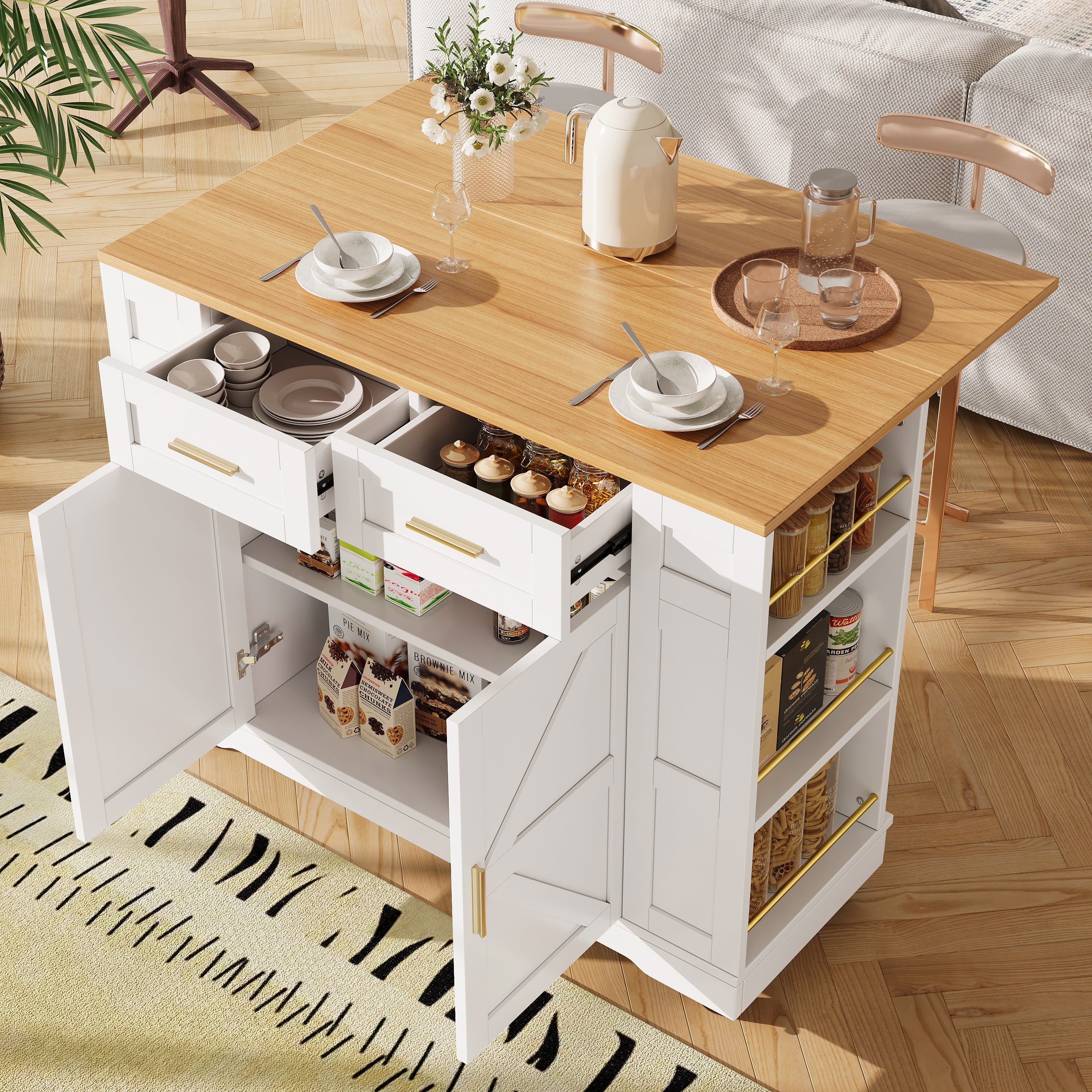 Kitchen Island on Wheels, Rolling Cart with Drawers & Storage, Foldable Worktop, White