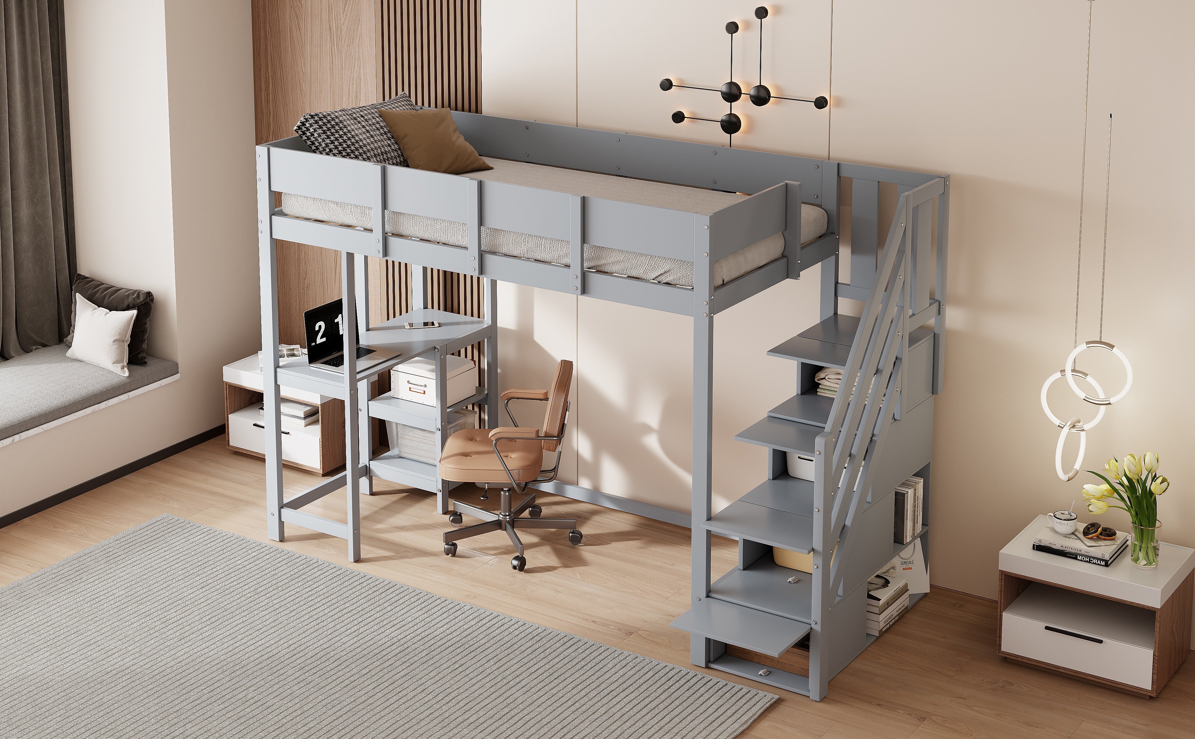 Bunk Bed, Multifunctional Loft with Storage & Shelf, Solid Pine Wood, Grey