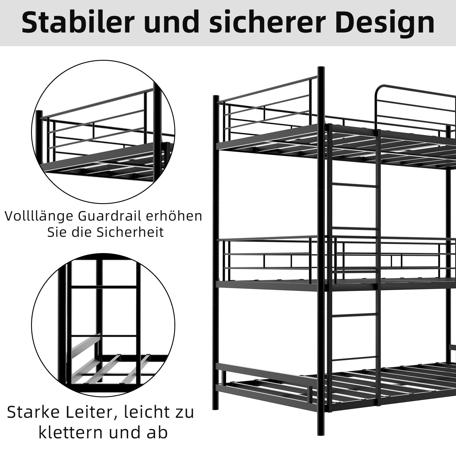 Triple Frame Bed, Heavy-Duty with Ladder & Railing, Easy Assembly, Metal