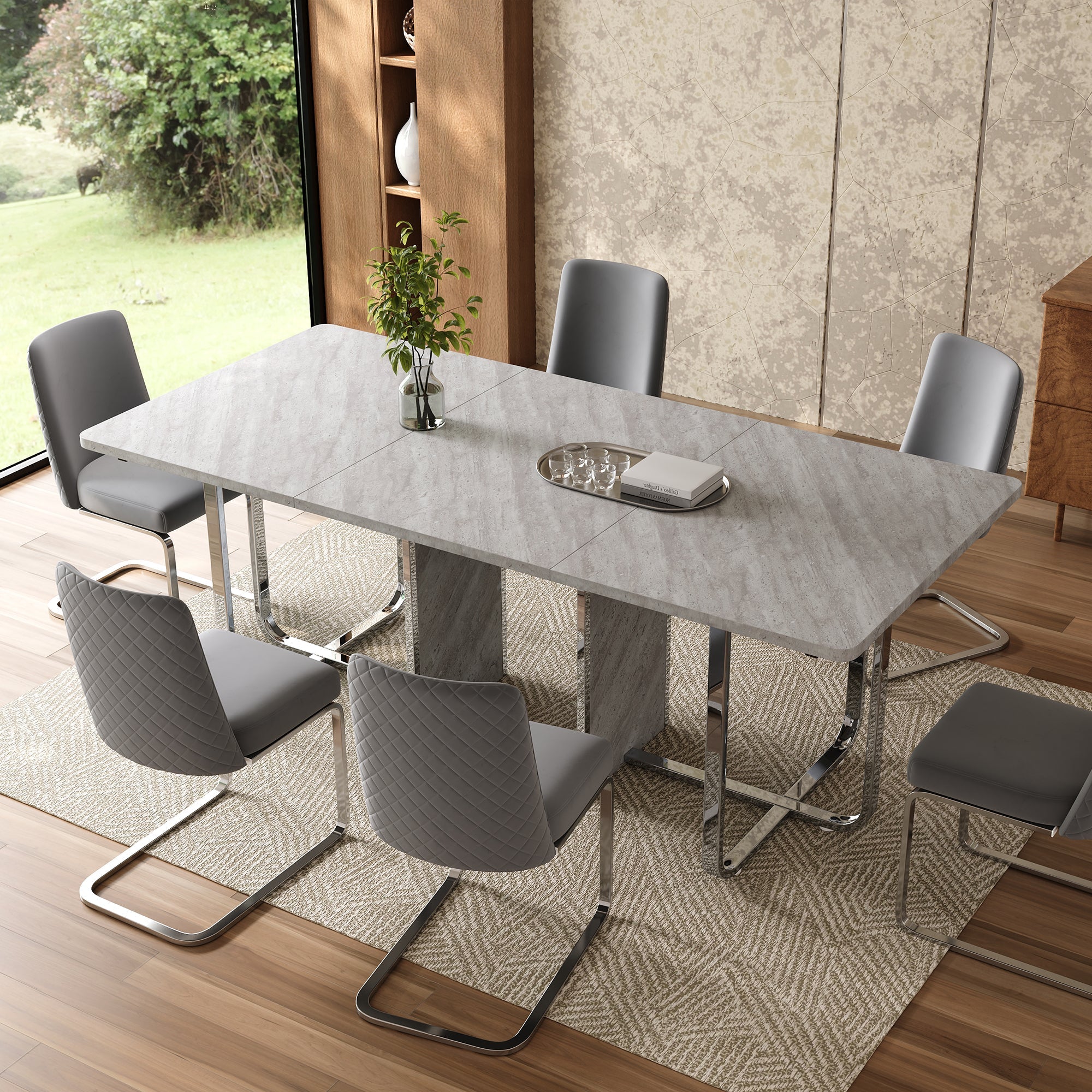 Dining Table 180x80cm Rectangular 6-Seater Metal Legs - Grey/Silver