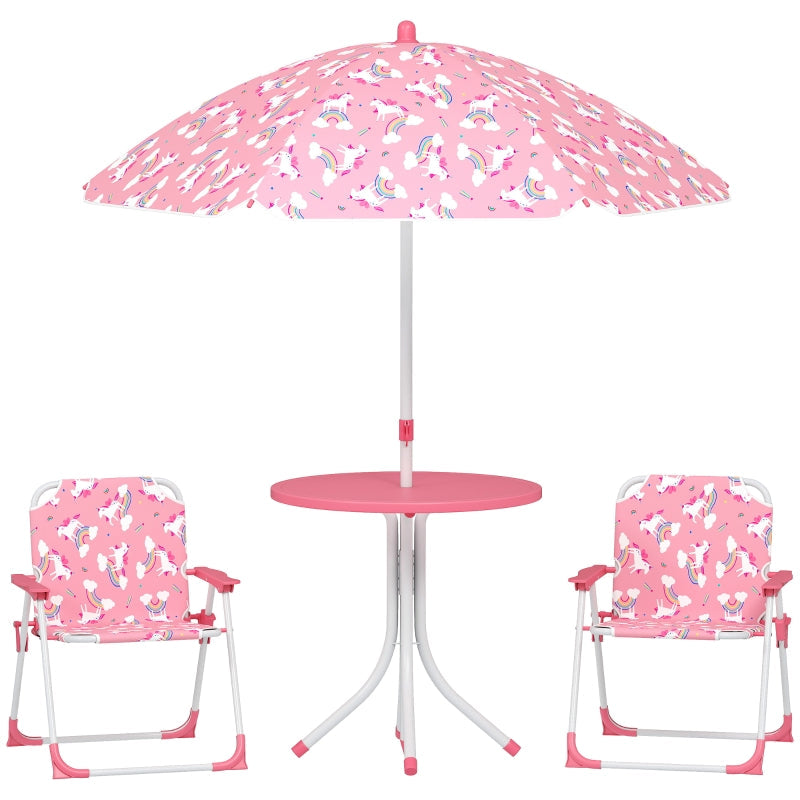 Children's Seating Set 4-Piece Table 2 Folding Chairs Removable Parasol Pink