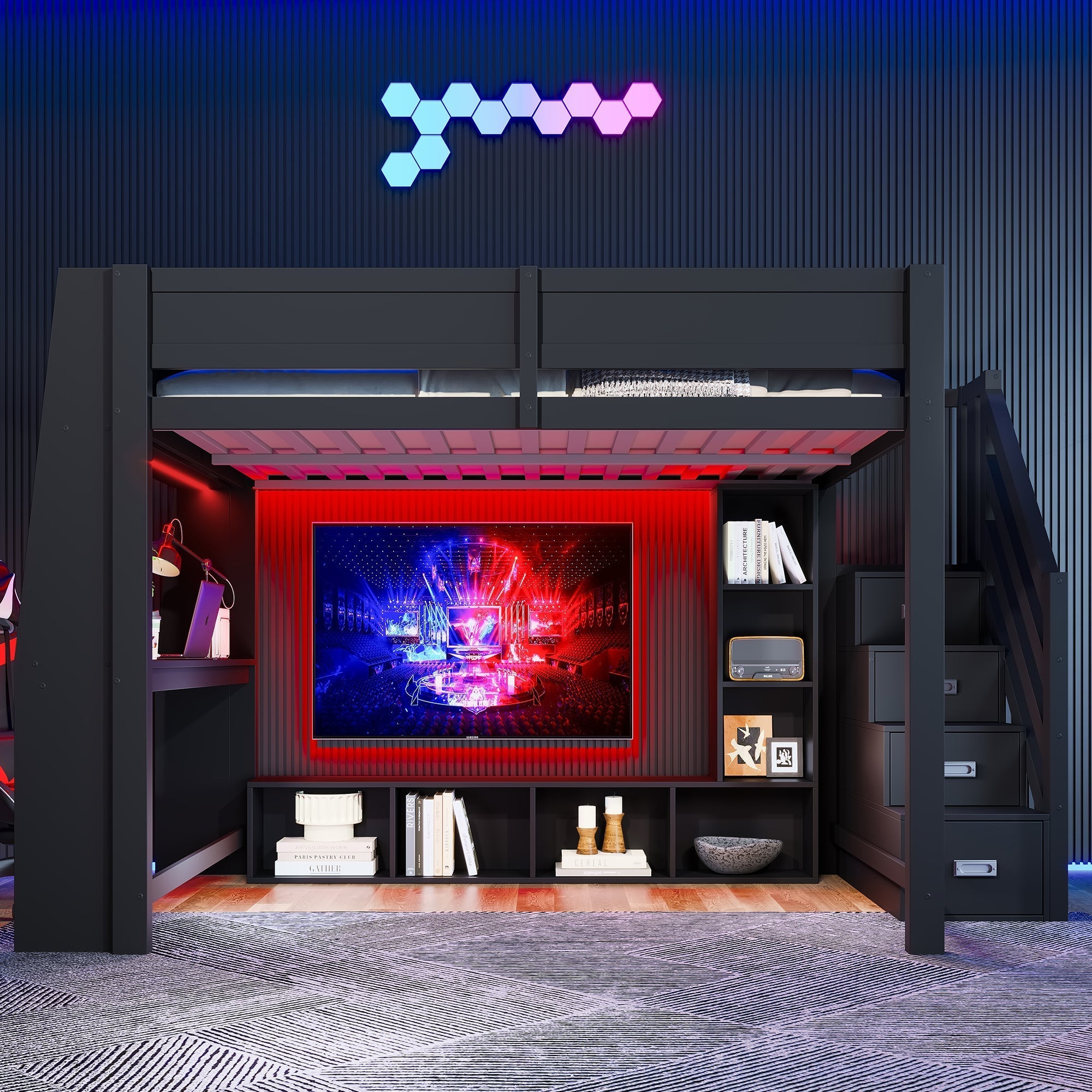 Loft Bed with Desk, Storage Stairs and LED Lighting, 140x200cm, Black Wood