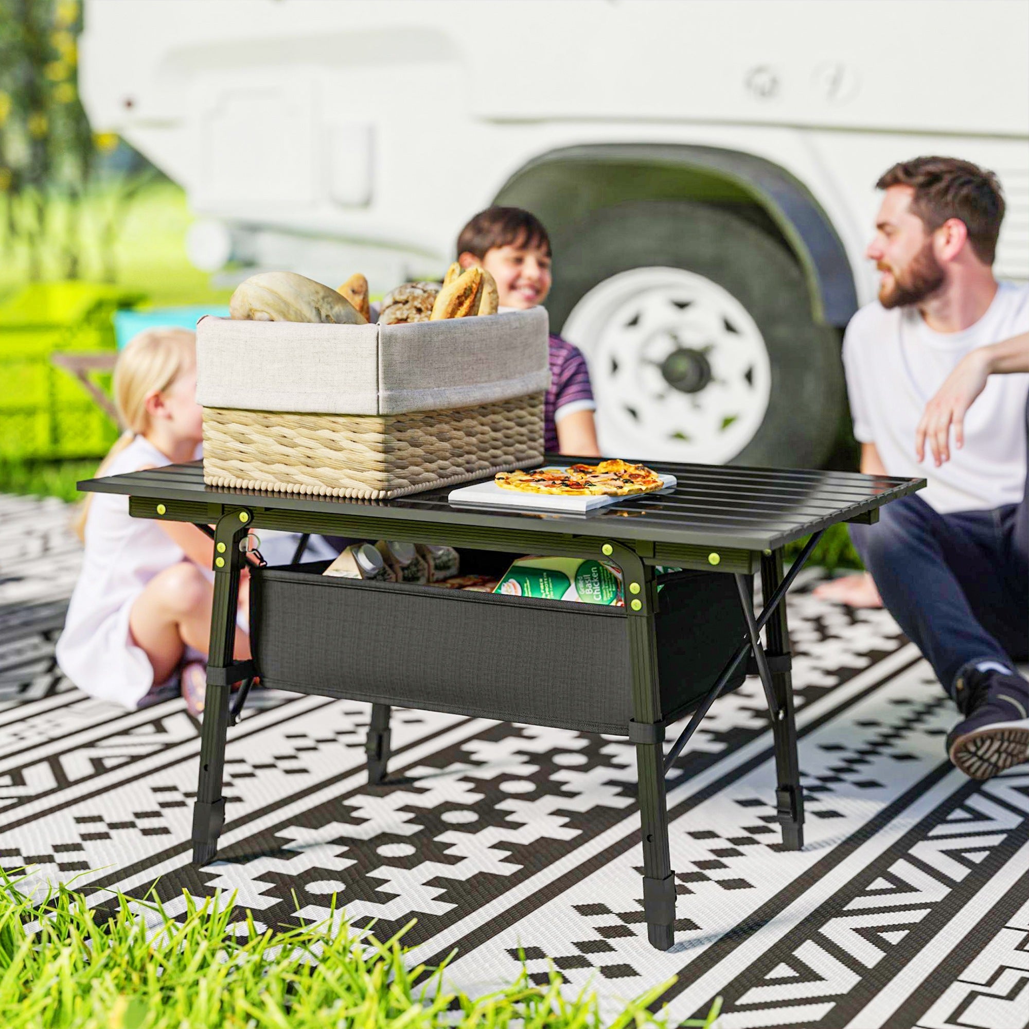 Camping Table, Foldable Adjustable Storage Basket Aluminum Black