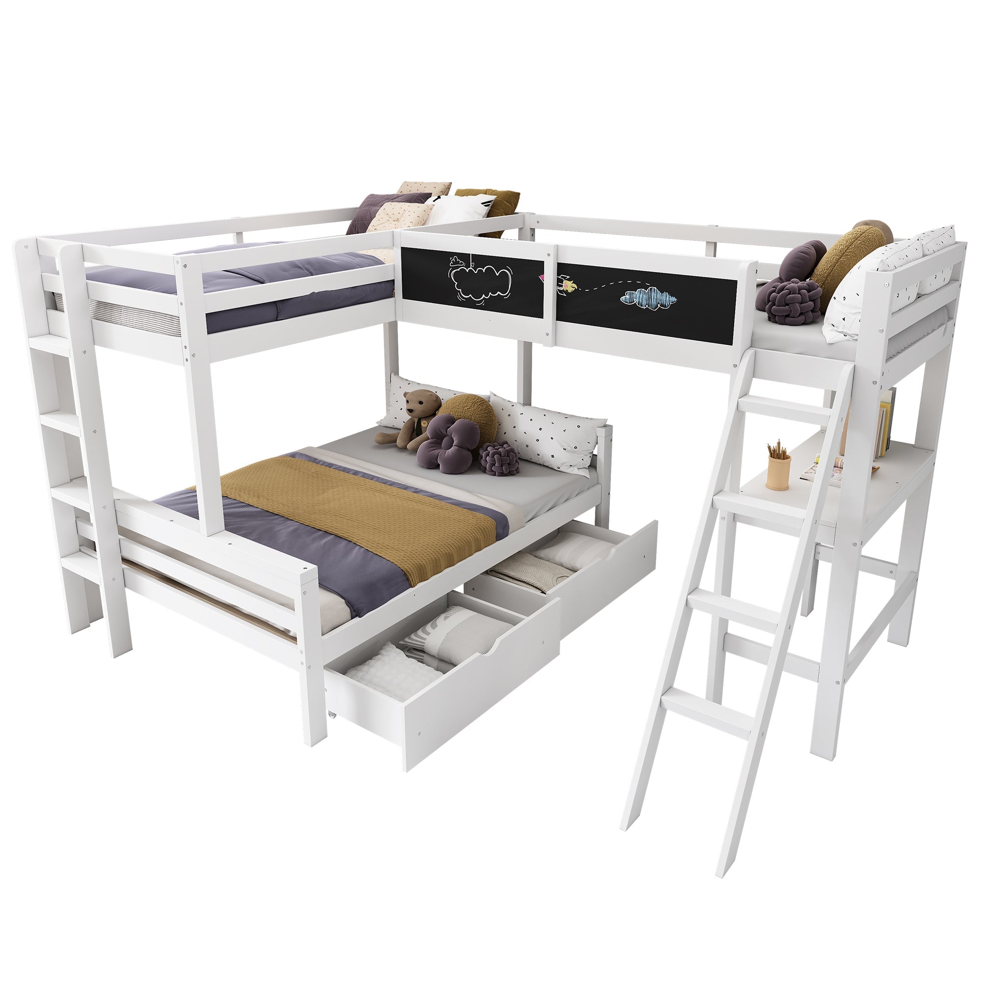 Children's Loft Bed with Desk, Shelf and Drawers, Sleeps Three, 90x200cm and 140x200cm, White Pine Wood