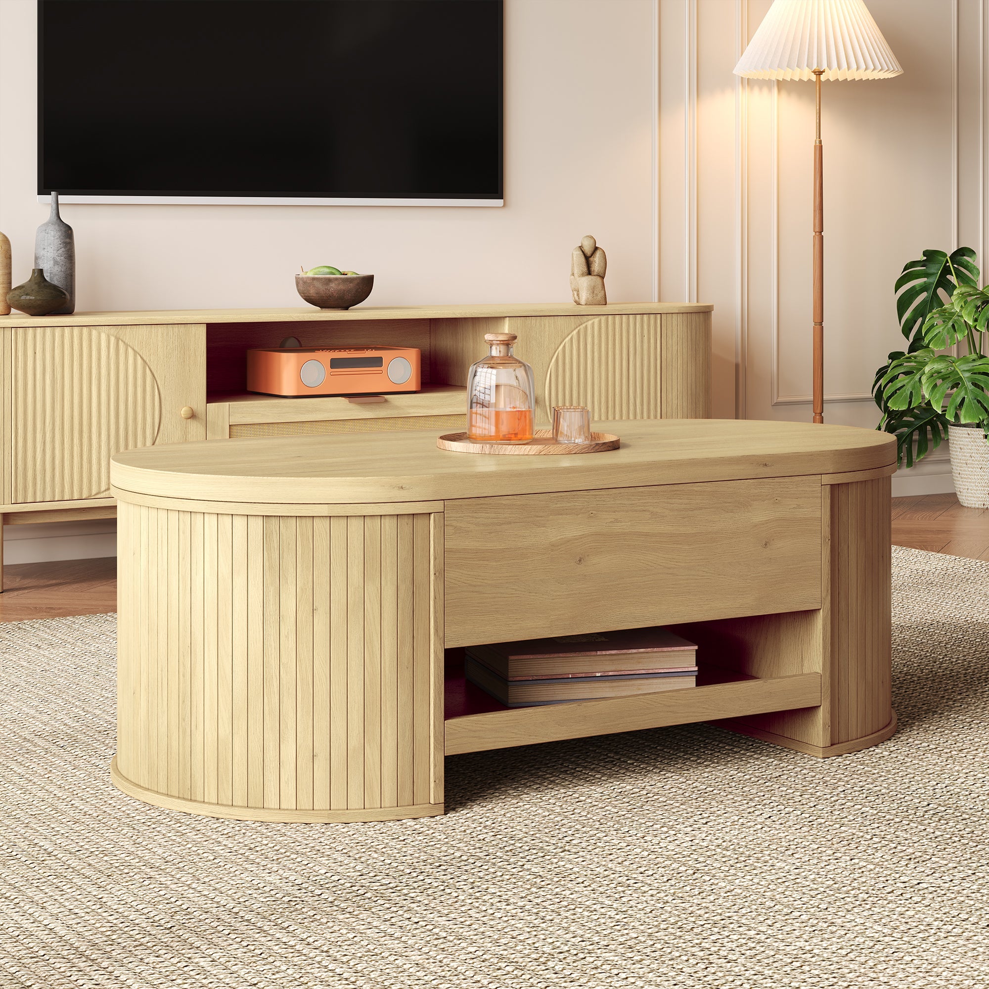 Liftable Coffee Table with Curved Wooden Sides, Extendable Shelf, Liftable Tabletop, Multifunctional Living Room Furniture