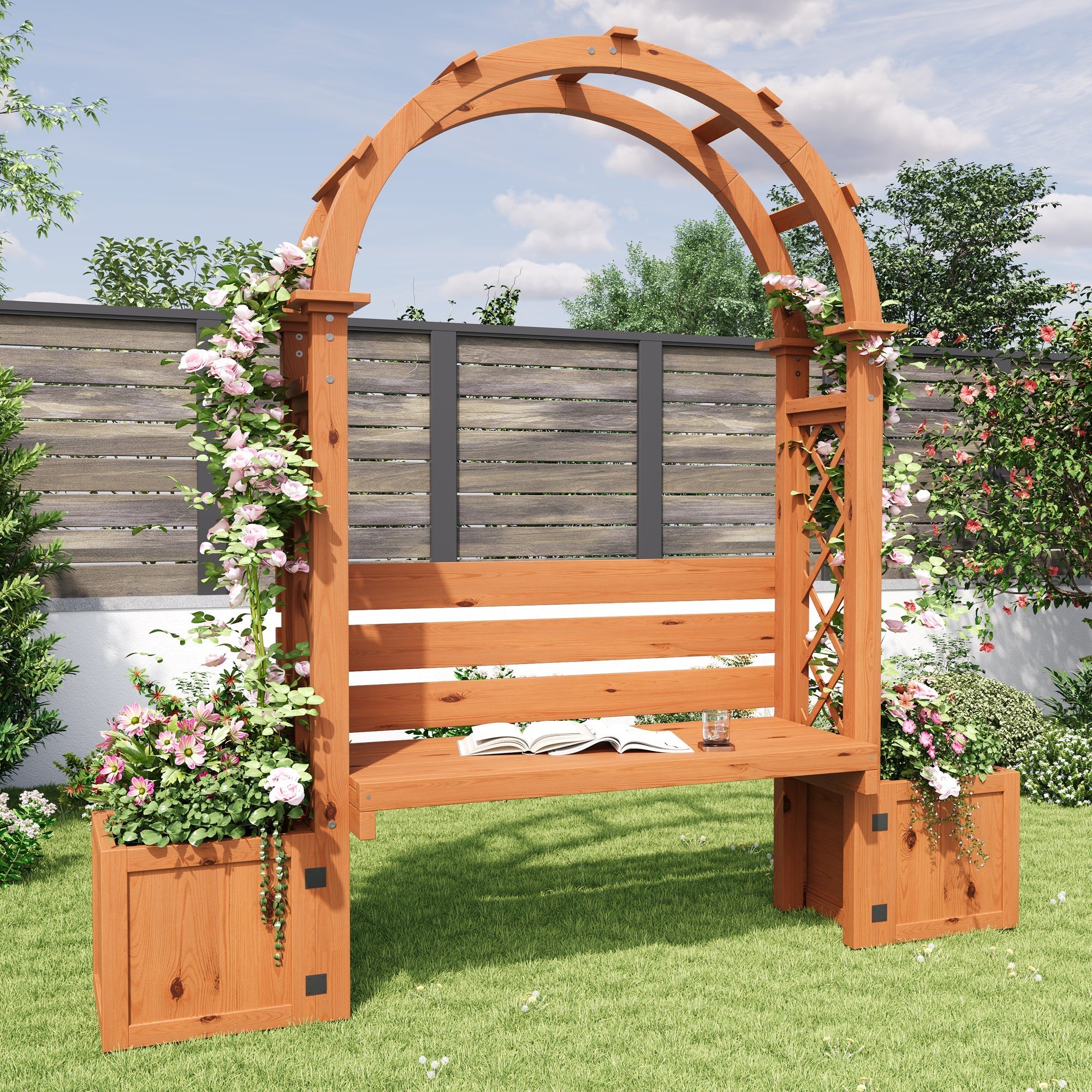 Planter Box with Trellis and Bench for Garden and Yard, Natural Wood