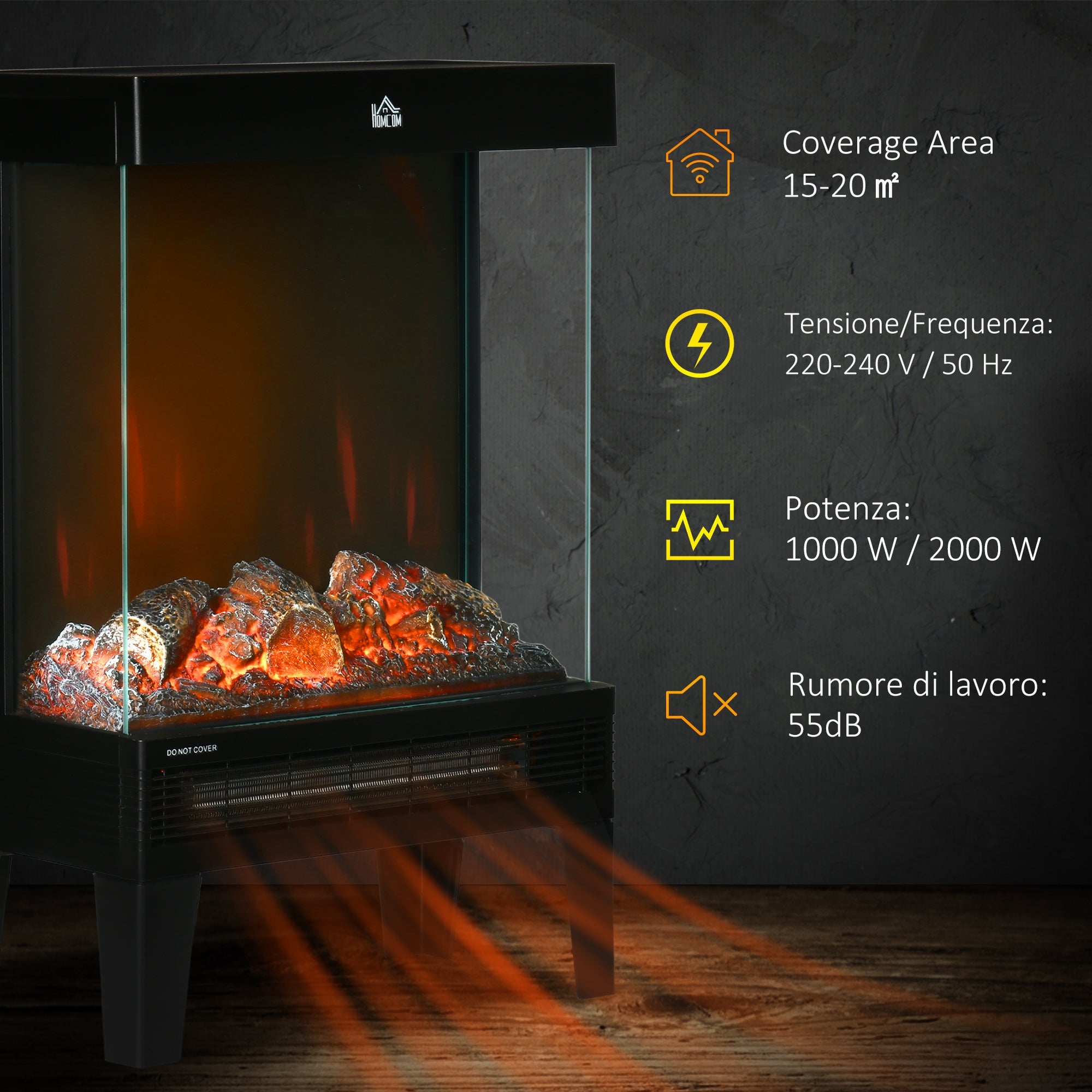 Electric Fireplace Heater Freestanding Stove, 180° LED Flame Effect 1000W/2000W, Black