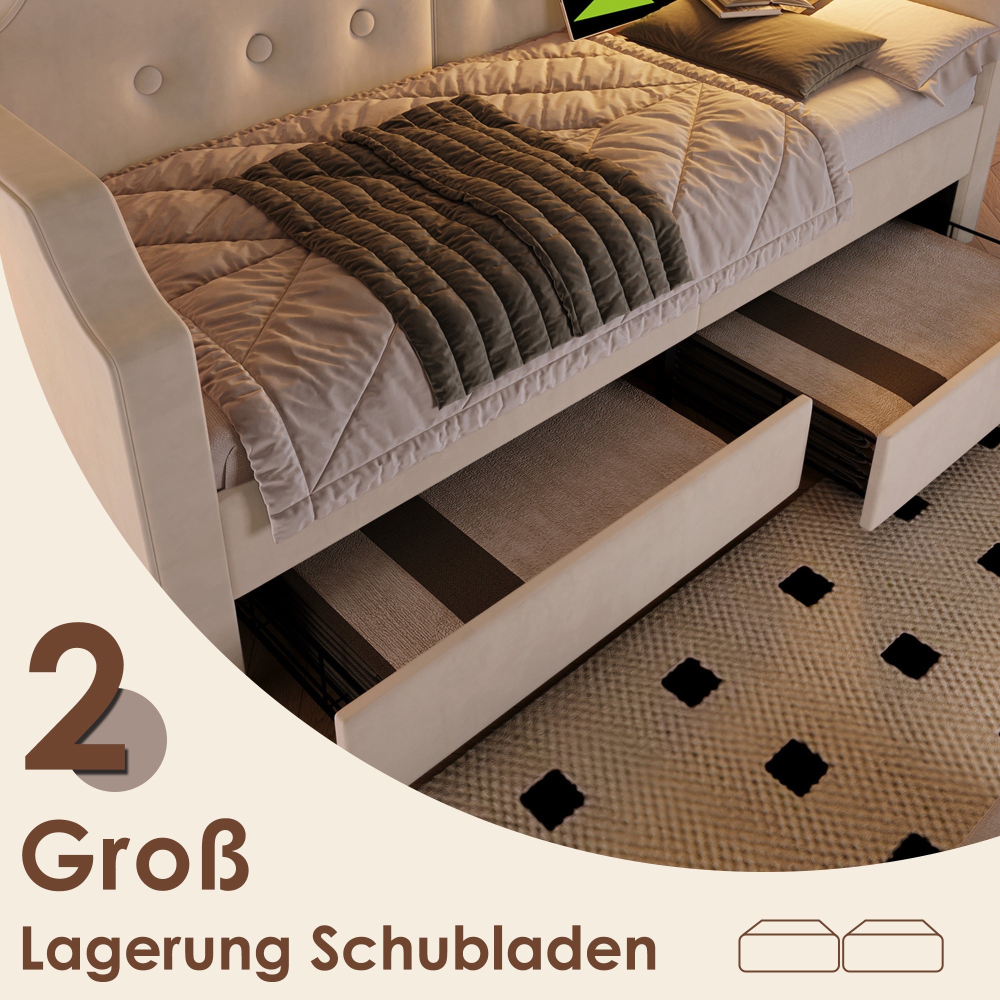 Upholstered Sofa Bed, 90x200 cm, USB Type-C Light, 2 Drawers, Velvet Beige