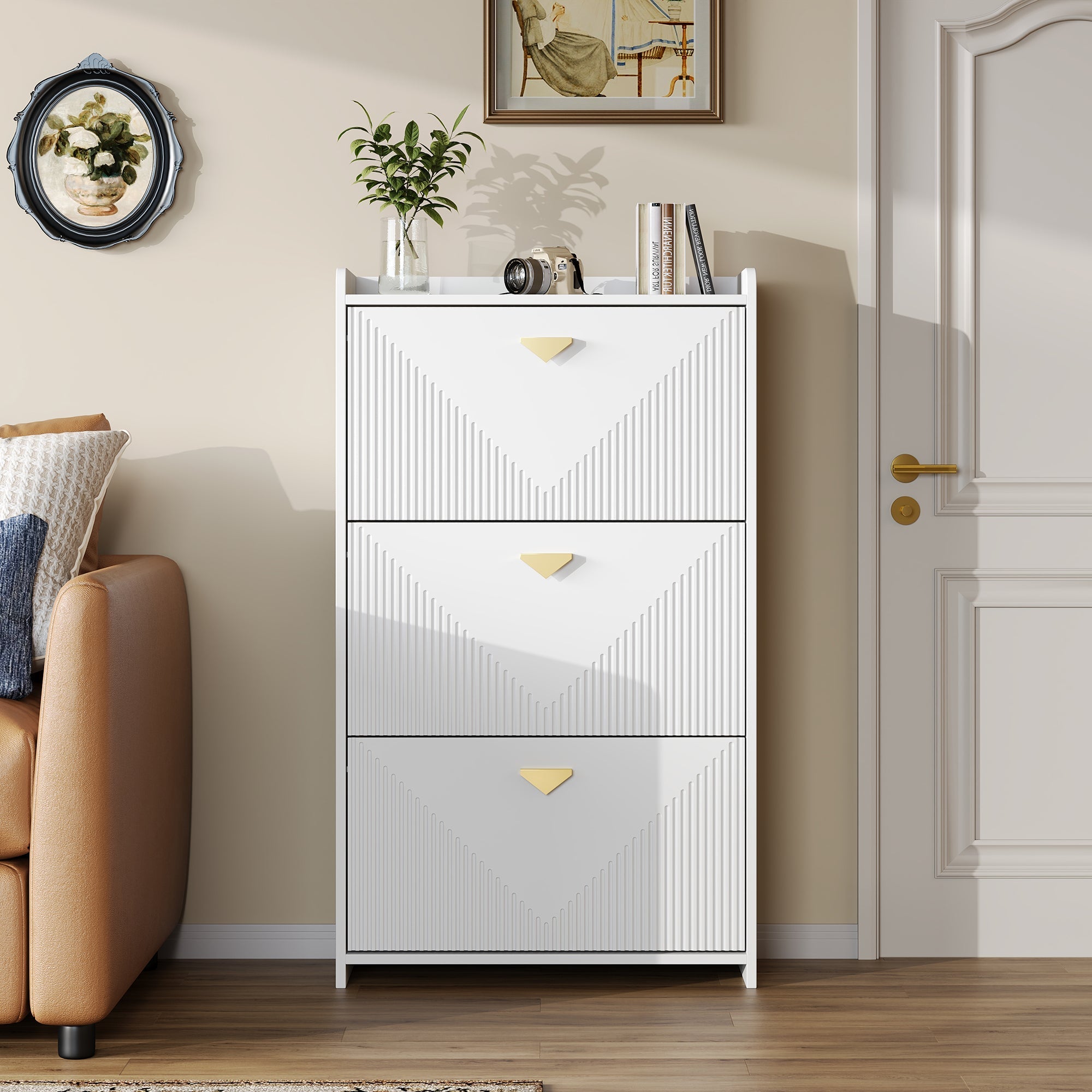 Shoe Cabinet 70x30x120cm 3 Drop-Down Doors Adjustable Width - White MDF