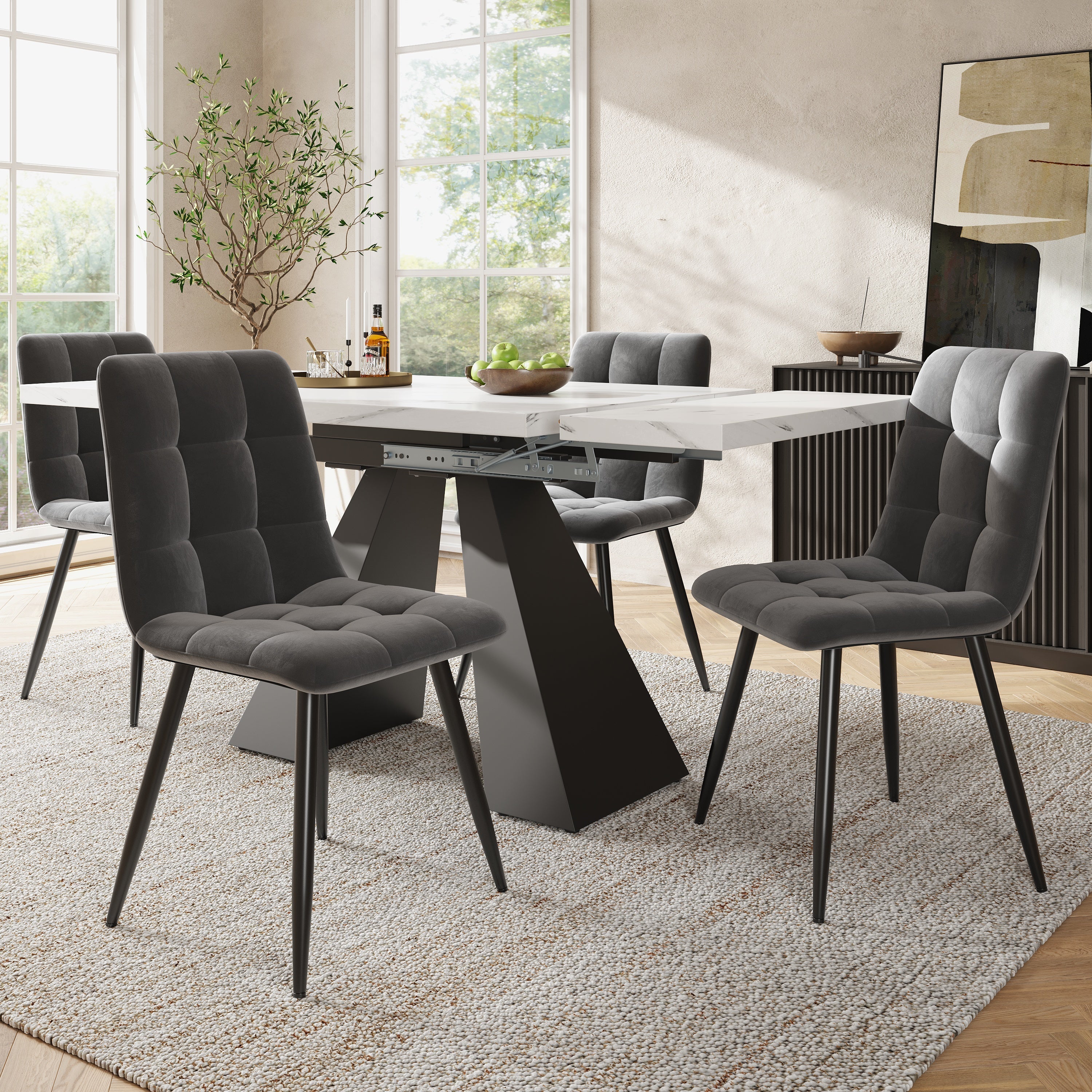 Dining Set 5-Piece Extendable Table 4 Velvet Chairs - White/Grey
