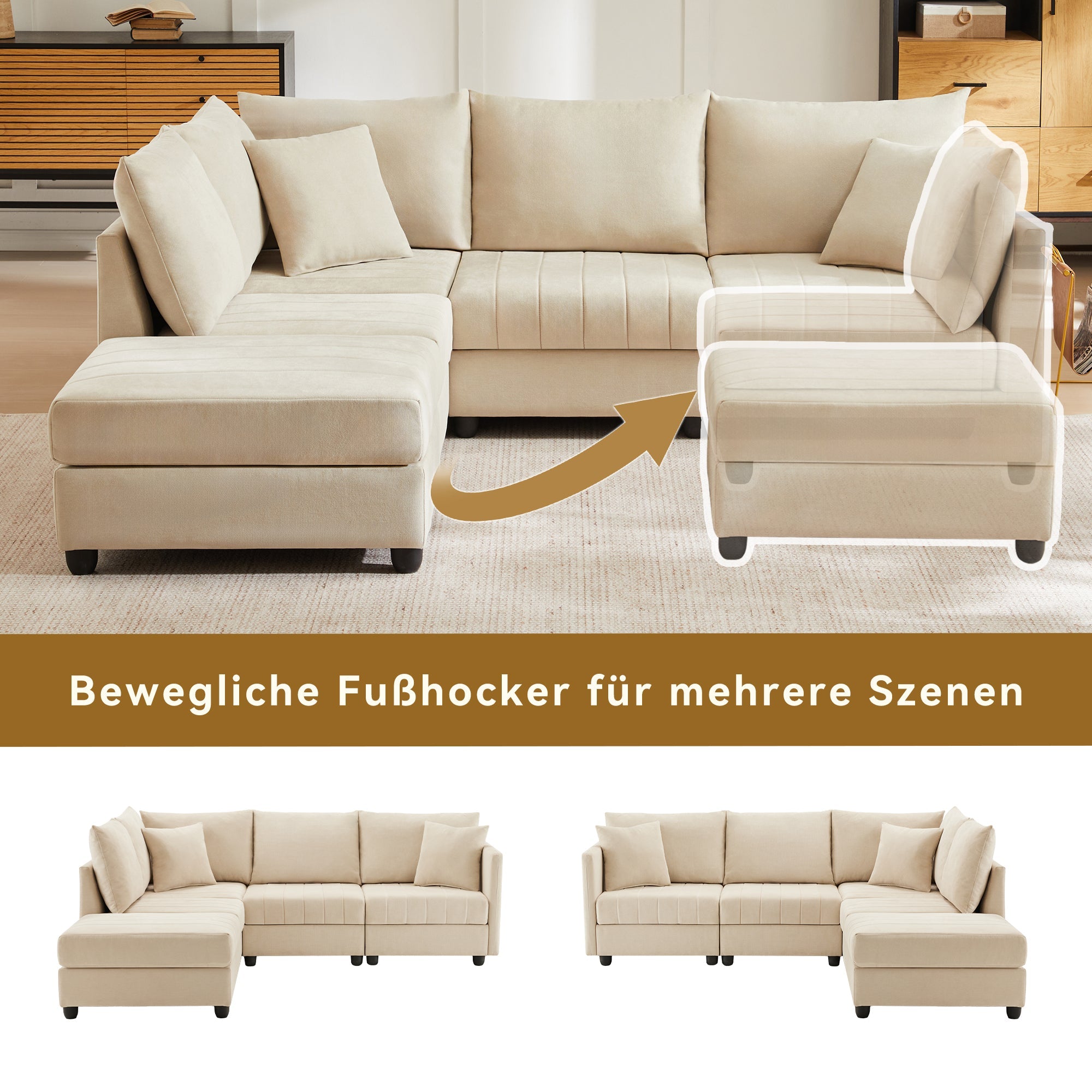 Modular Corner Sofa 5-Seater L/U-Shaped with Convertible Footstool