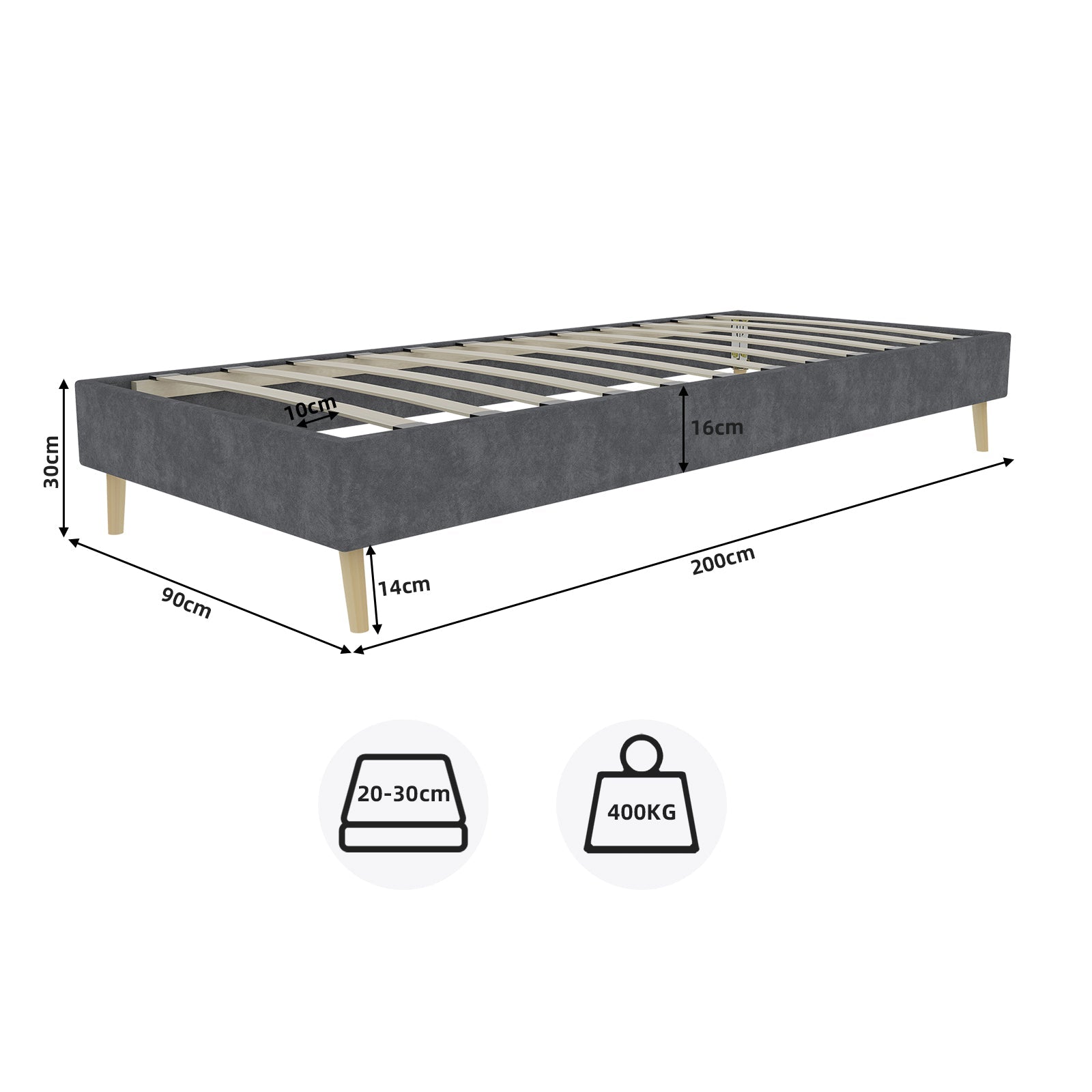 Bed Frame Modern Minimalist 90x200cm Low-Profile Dutch Velvet Grey