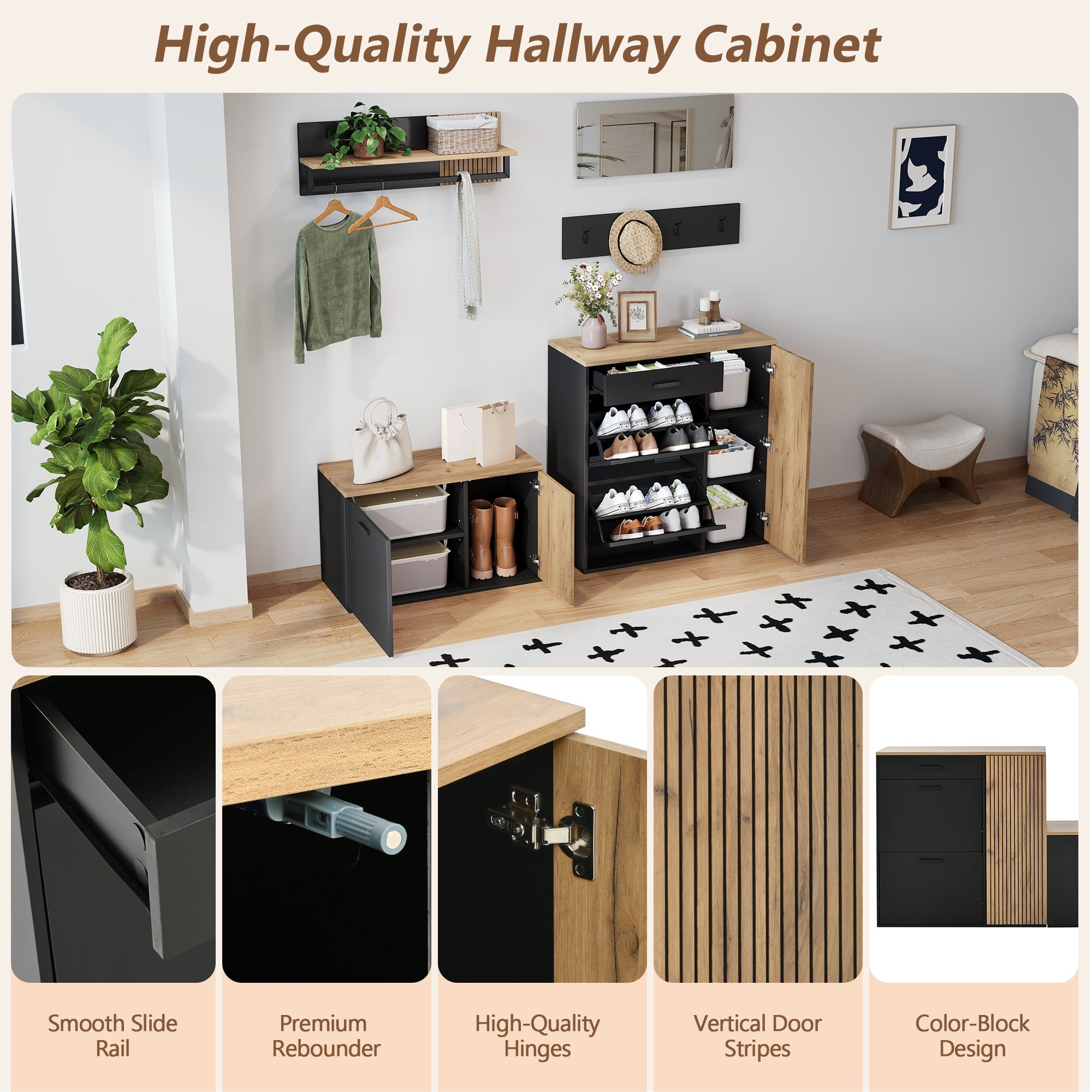 Wardrobe Set with Mirror, 2 Shoe Cabinets & Bench, Hallway Storage