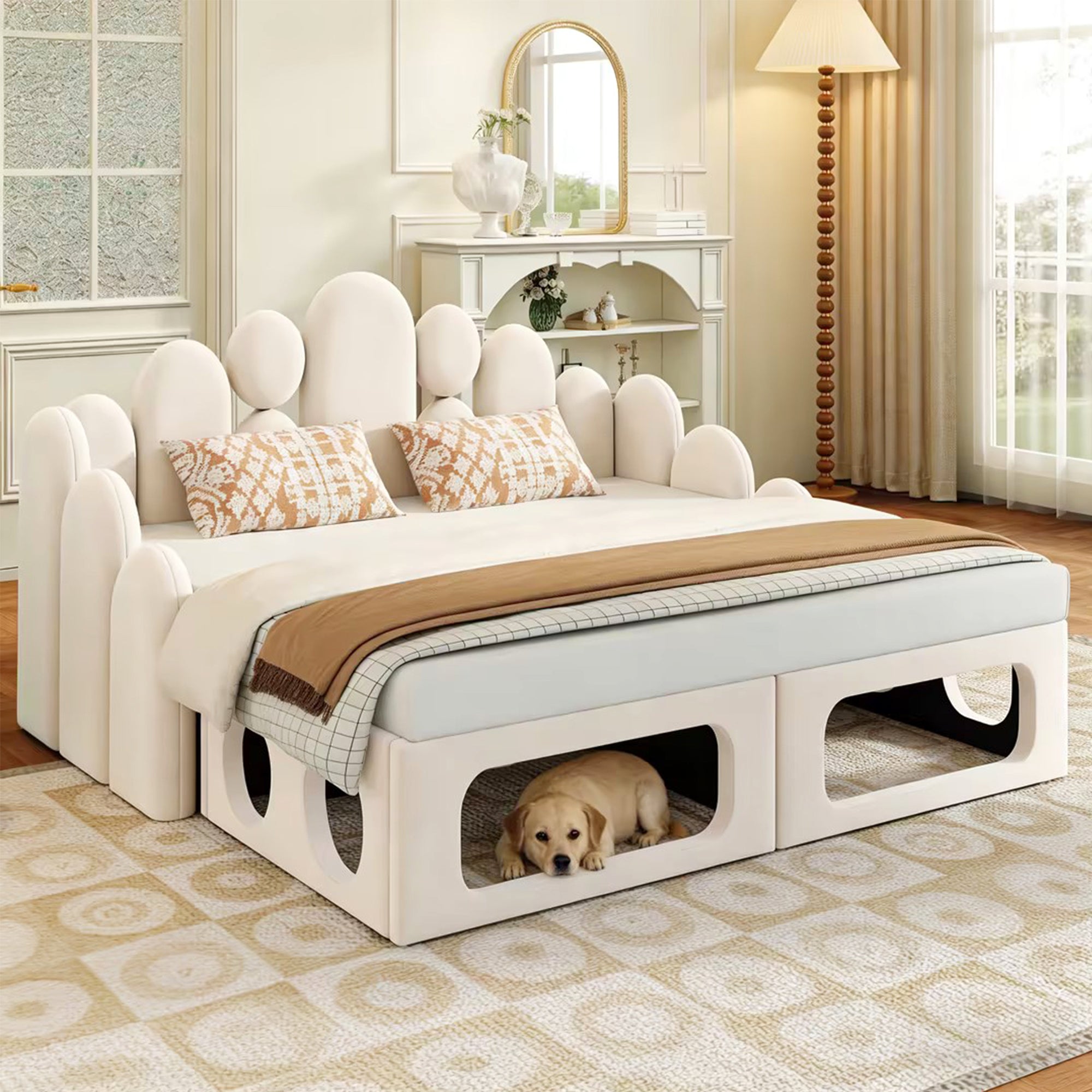 Upholstered Sofa Bed with Pet Bed, 2-in-1 Multifunctional, 180x200cm, Beige Velvet