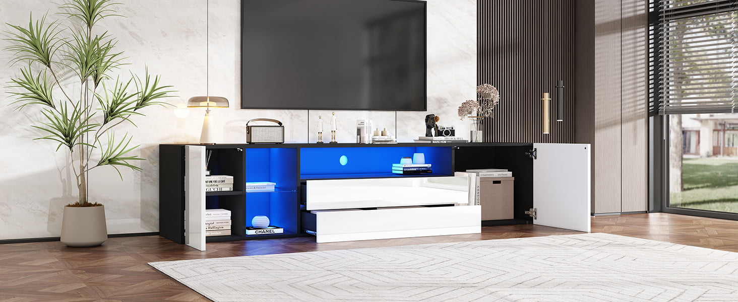 TV Stand Cabinet, 180x40x45cm LED Lowboard with 2 Drawers & 2 Cabinets for 75-inch TVs, Black and White